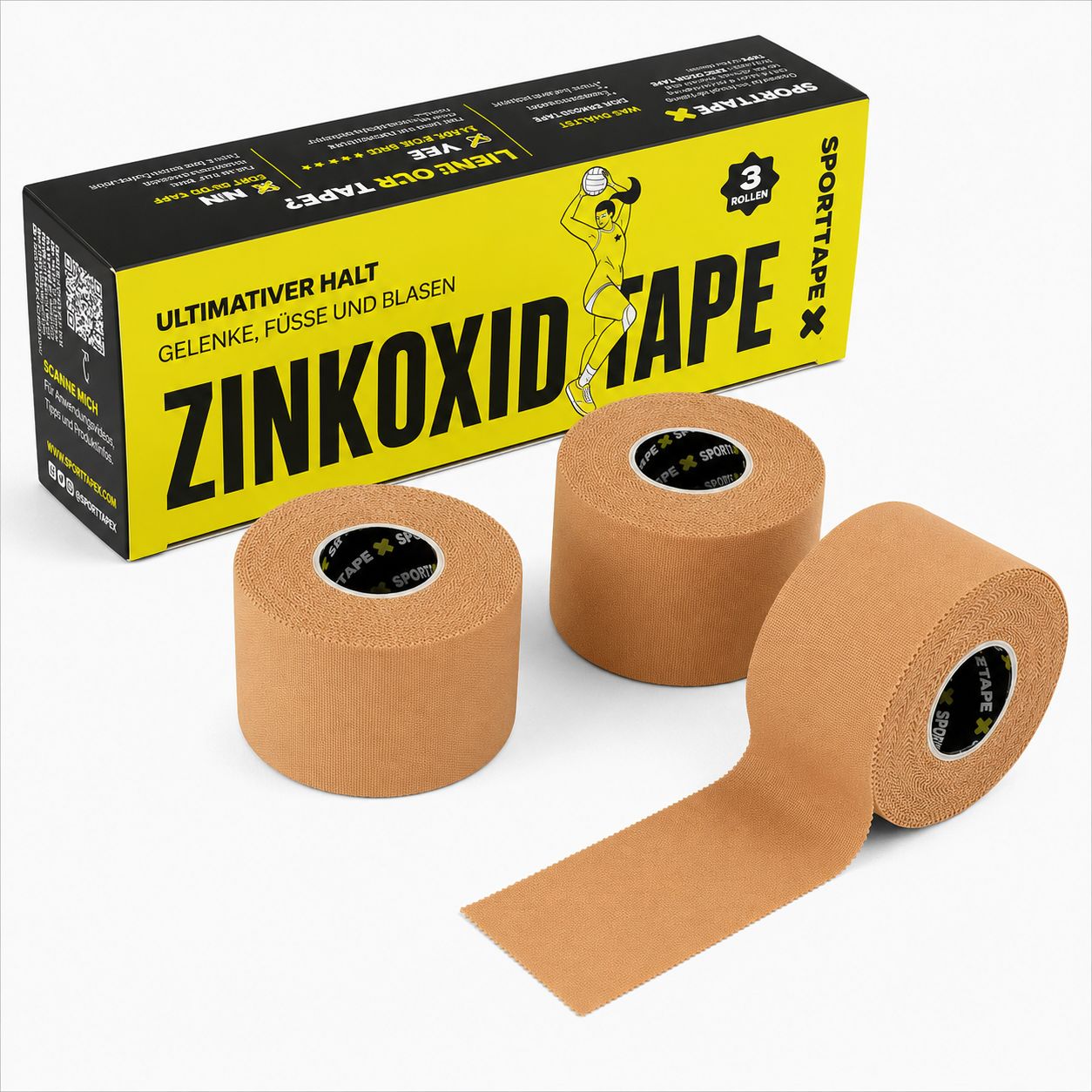 Trois rouleaux de ruban SPORTTAPE à l'oxyde de zinc couleur Tan, 3,8 cm x 10 m, avec emballage.