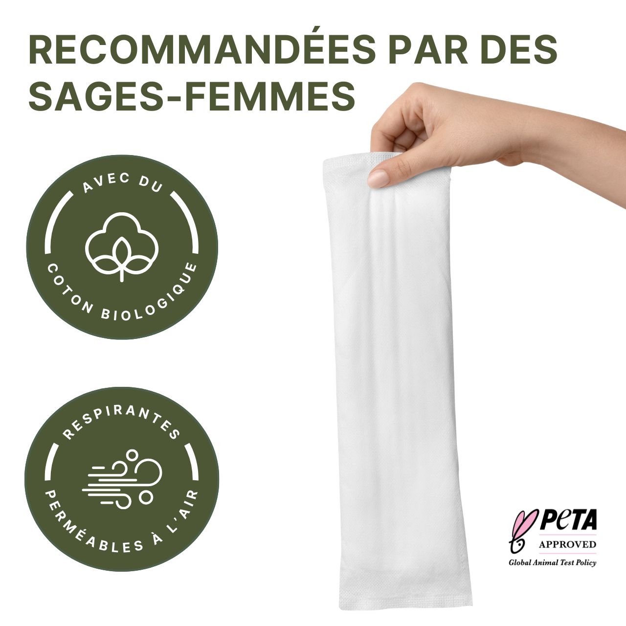 Main tenant une protection post-partum MyClarella®. Recommandé par les sages-femmes. Coton biologique. Respirant.