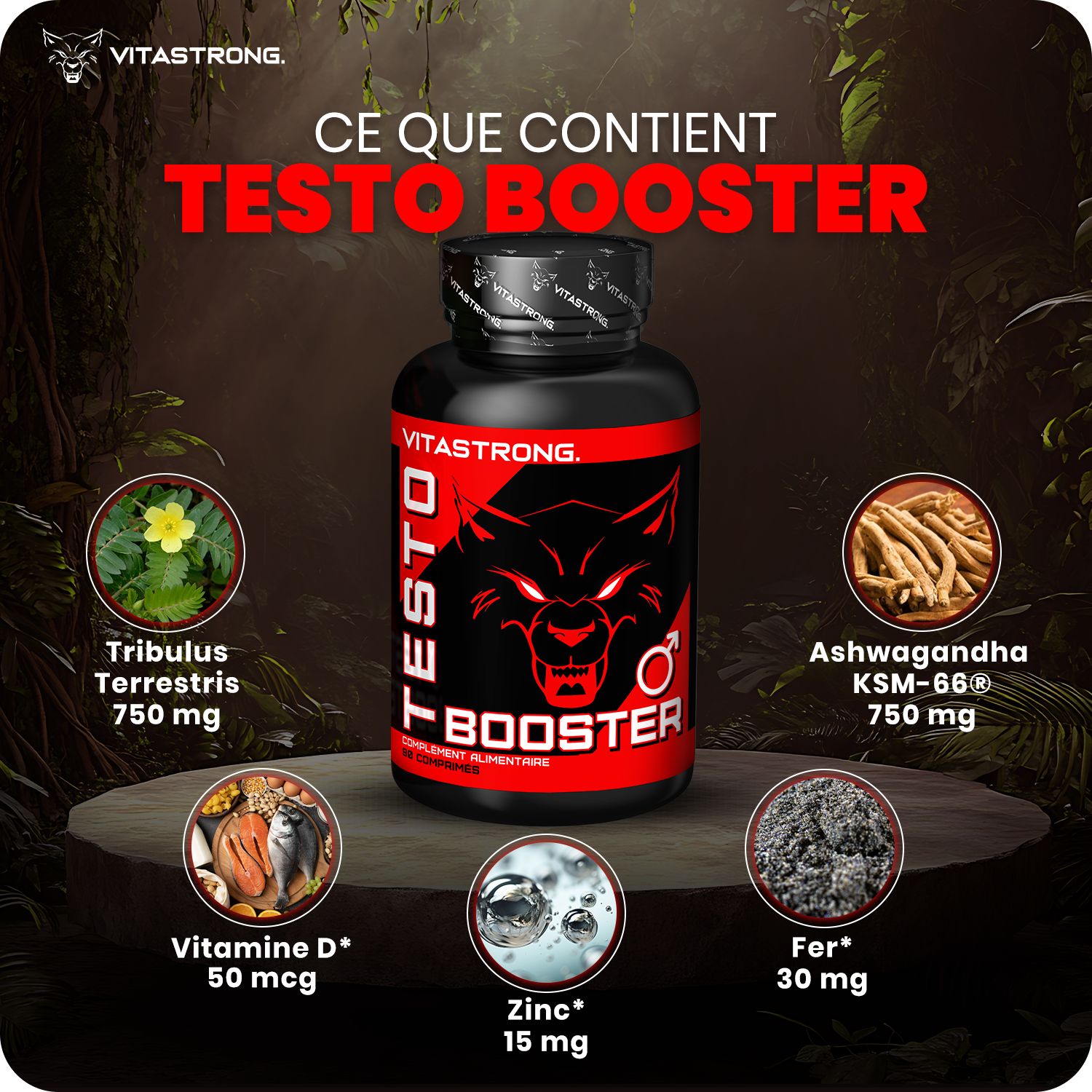 Vitastrong Testobooster fles. Bevat Tribulus, Ashwagandha, Vitamine D, Zink, IJzer. Productinformatie.