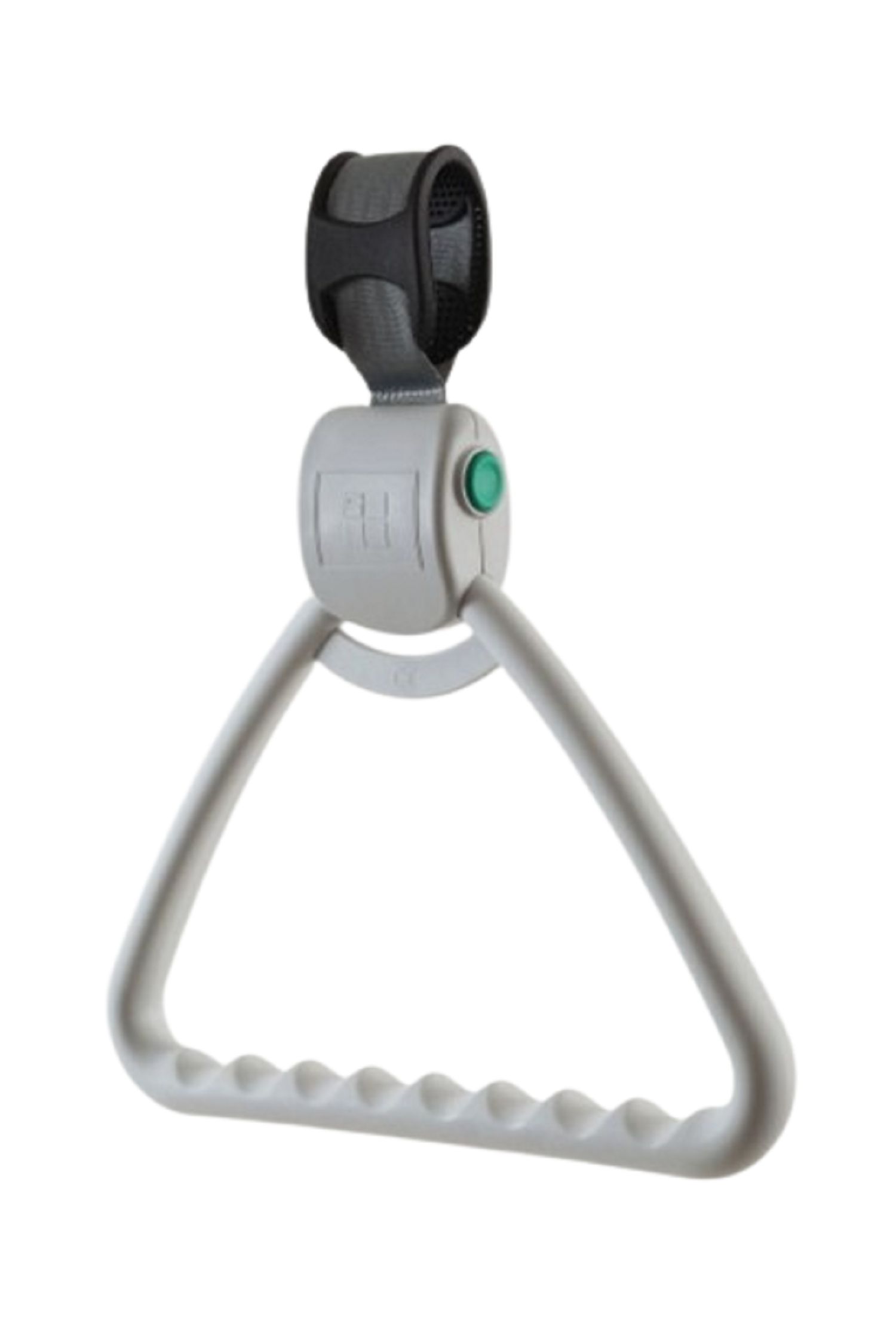 Driehoekige grijze opstijgbeugel. Handvat met groeven. Zwarte riem en grijze behuizing met groene knop.