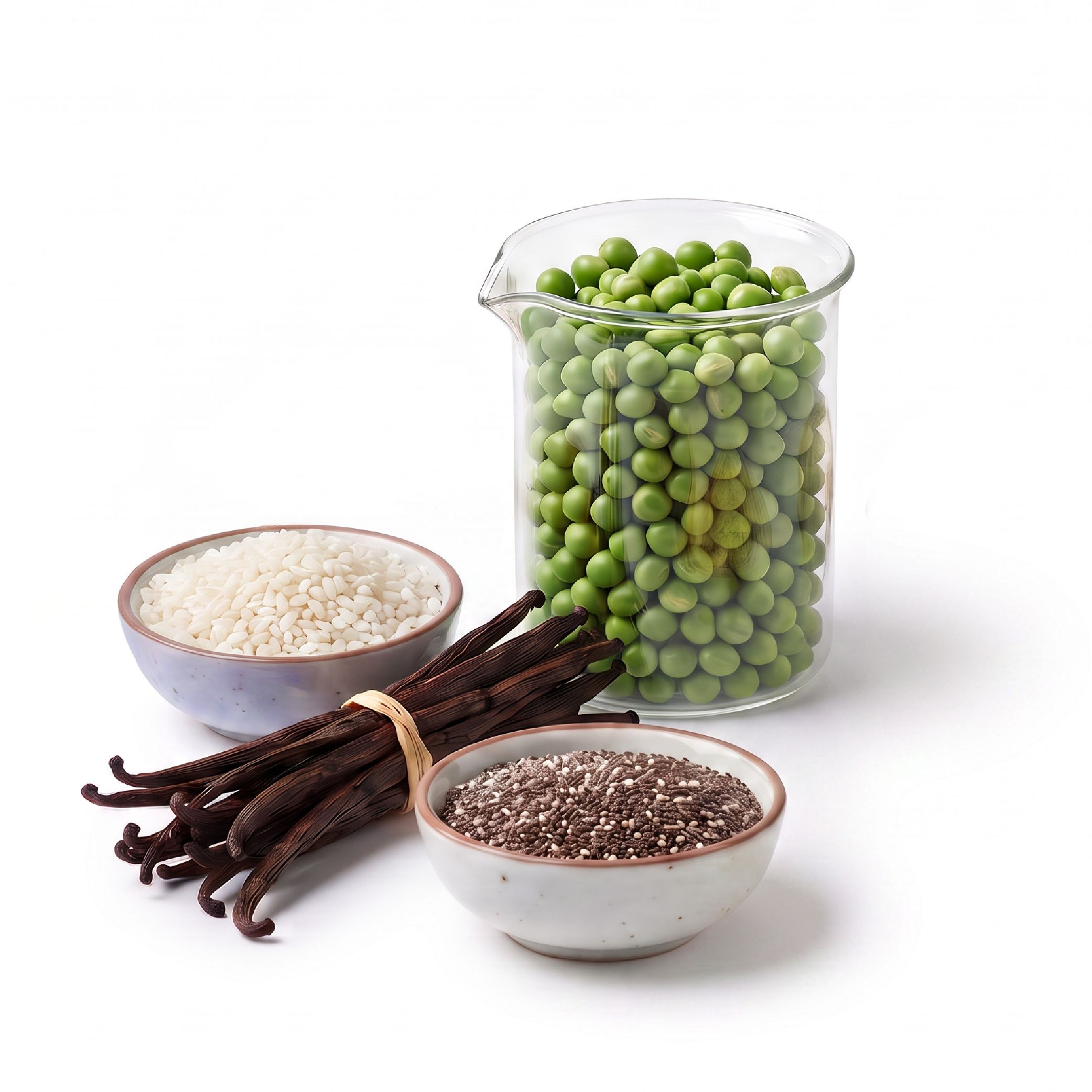 Ingrediënten voor veganistisch eiwitpoeder: erwten, rijst, vanillestokjes en chiazaad.