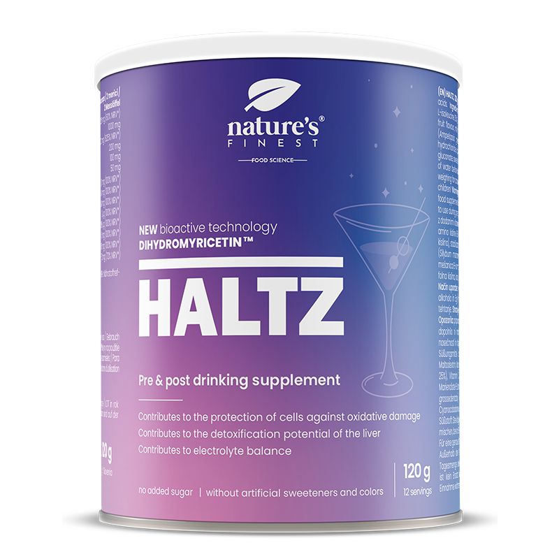 Cilindrische bus HALTZ. Opschrift: NEW bioactive technology, HALTZ, Pre & post drinking supplement. 120 g, 12 porties.