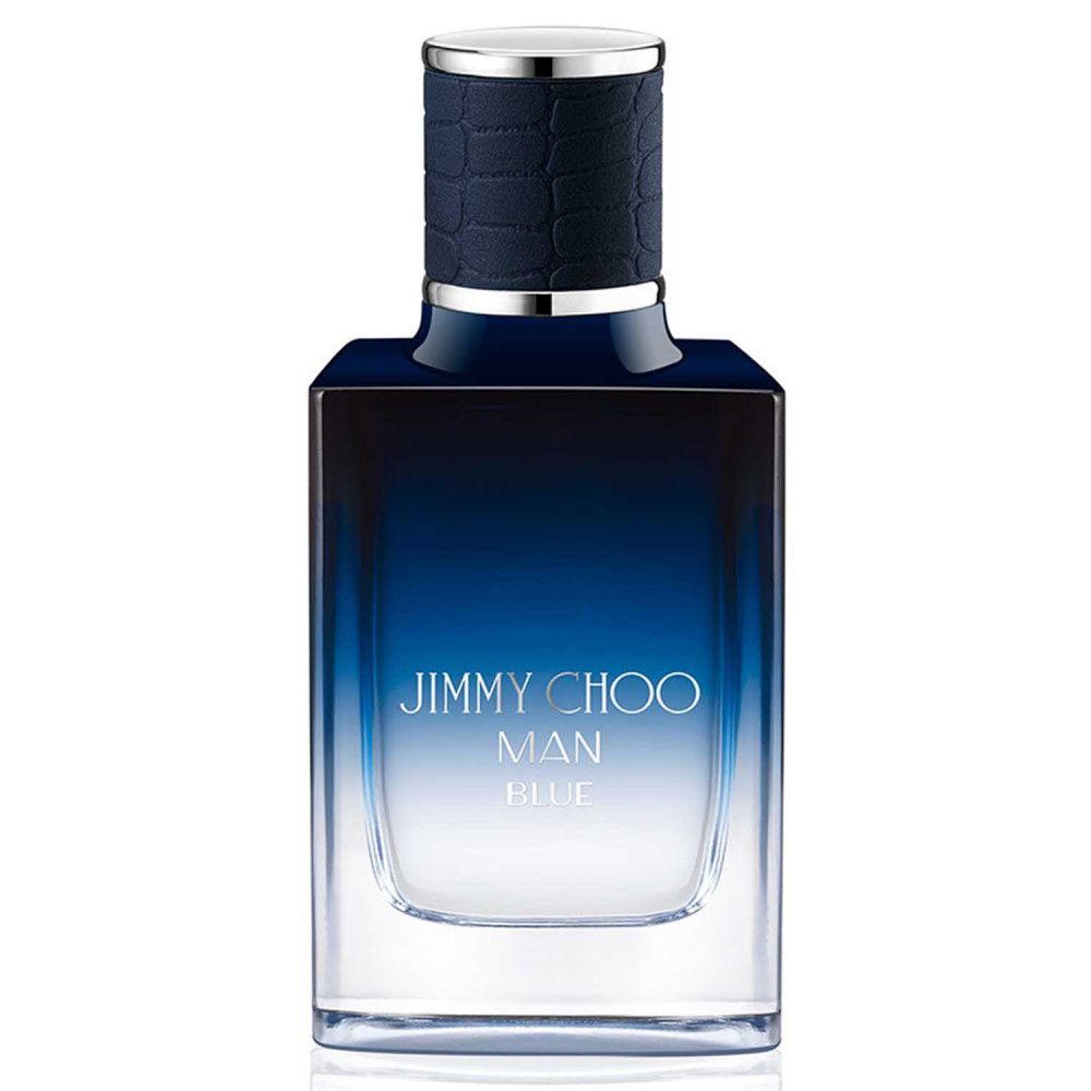 Flacon d'eau de toilette bleu rectangulaire. Inscription : JIMMY CHOO MAN BLUE. Bouchon argenté.