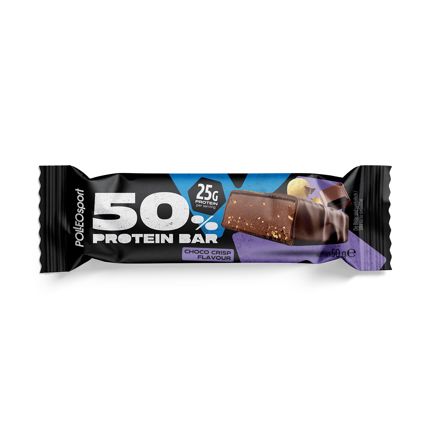 Polleo Sport 50% Protein Bar, Choco Crisp Flavour. Zwarte verpakking met productafbeelding en tekst. 25g eiwit.