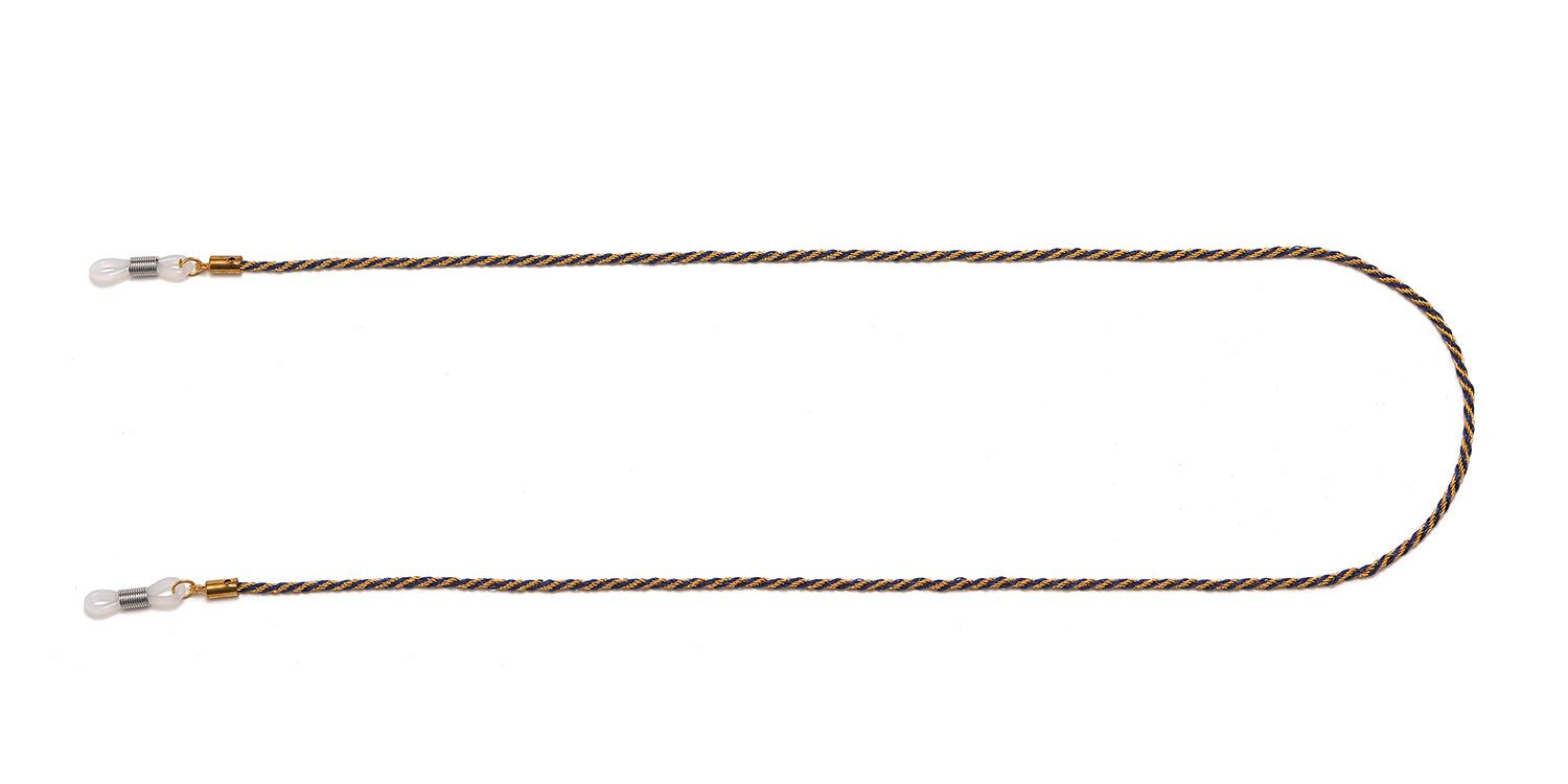 Cordon de lunettes tressé noir et or. Extrémités avec boucles transparentes et pièces métalliques dorées.