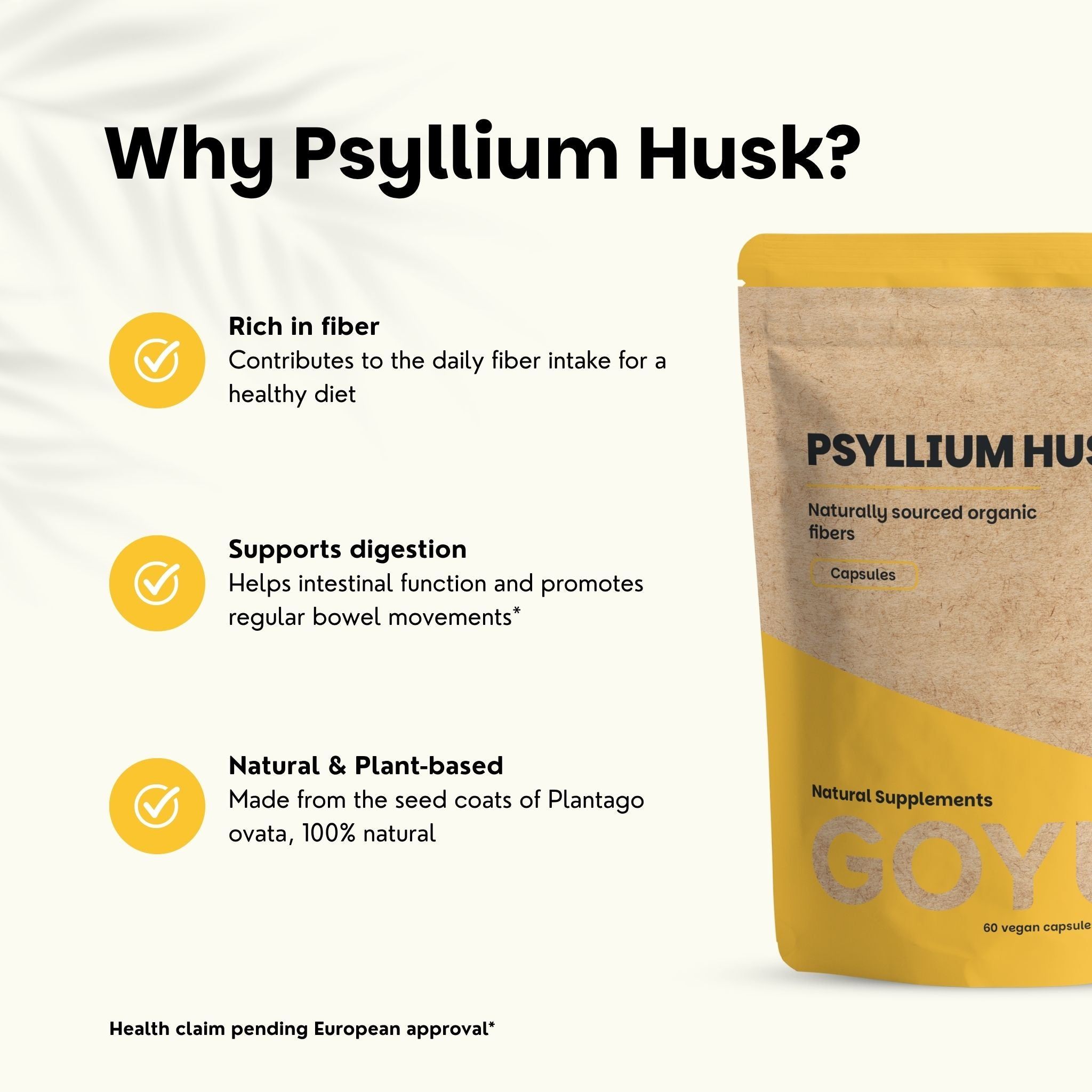 Paquet de gélules de psyllium avec informations sur les avantages et ingrédients.