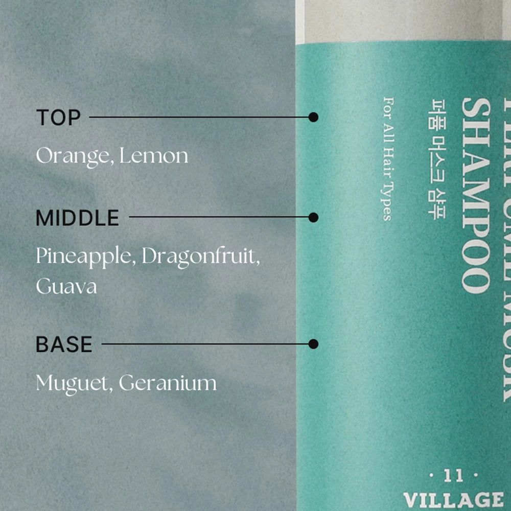 Close-up van het shampoo-etiket. Bevat tekst over geurnoten: sinaasappel, citroen, ananas, drakenfruit, guave, lelietje-van-dalen, geranium.