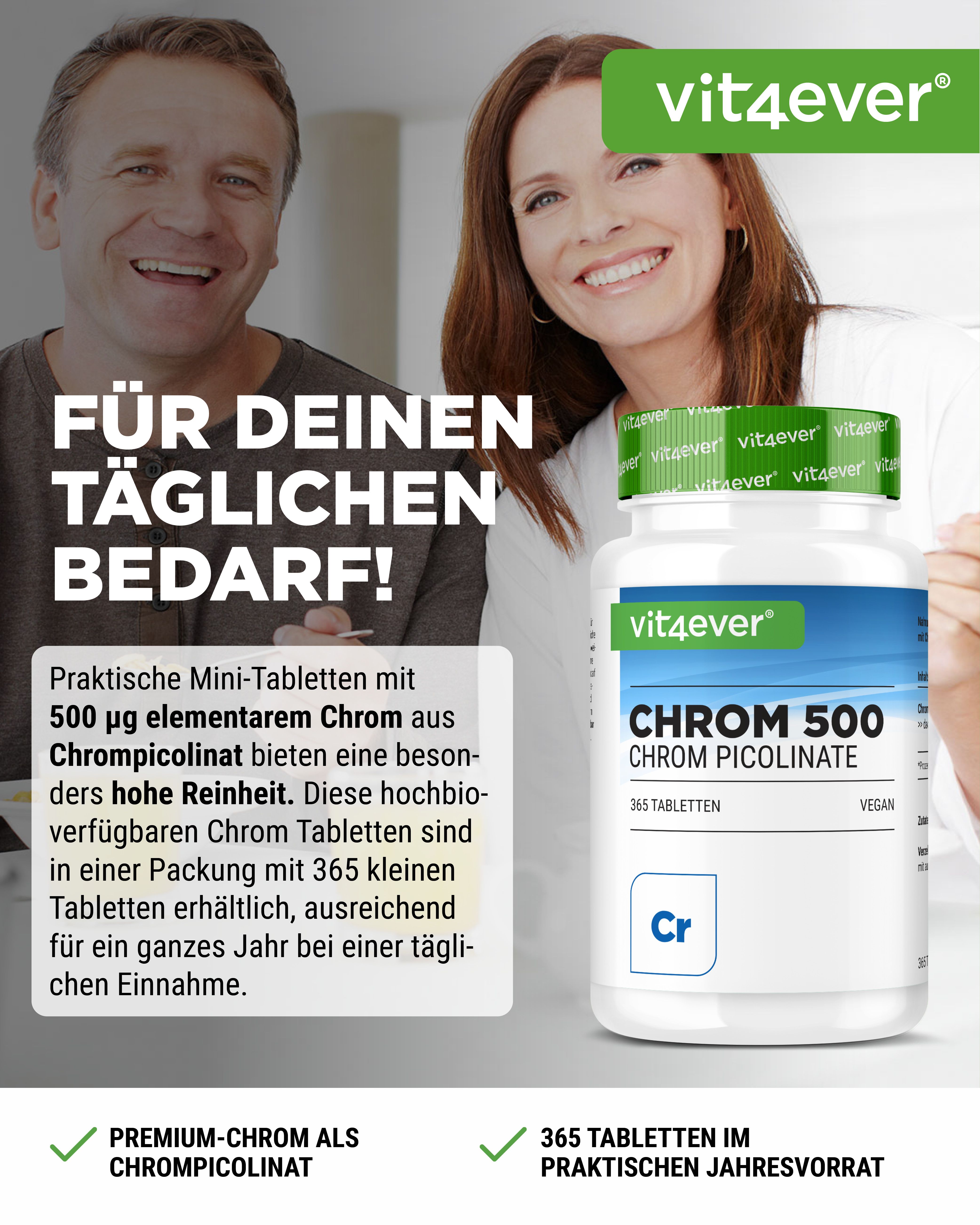 Vit4ever Chrome 500 Picolinate: Flacon de 365 mini-comprimés, 500 mcg de chrome élémentaire par comprimé.