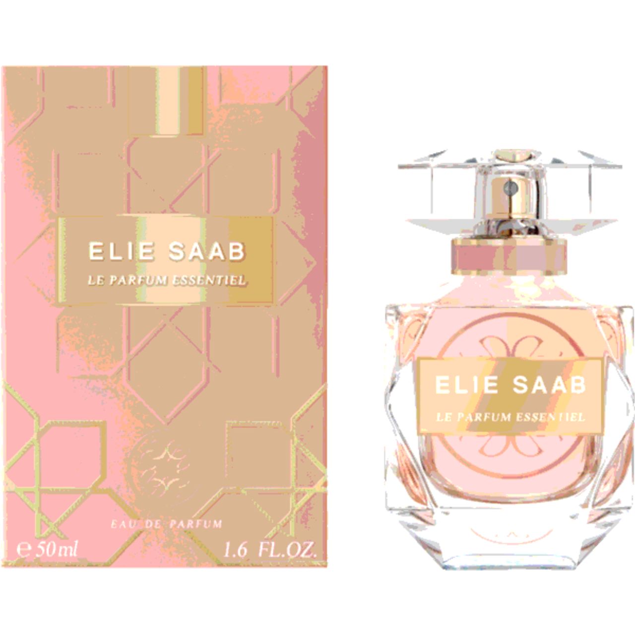 Parfumfles en verpakking. Fles met gouden label, roze vloeistof. Roze verpakking met gouden logo.