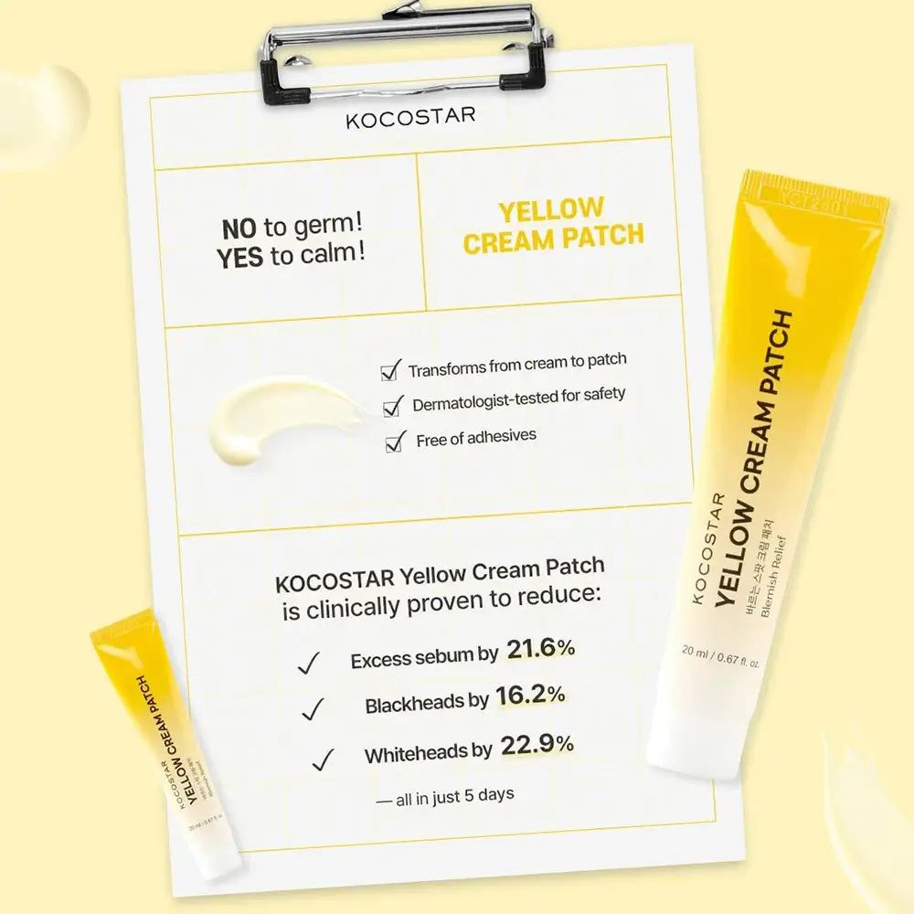 KOCOSTAR Yellow Cream Patch, tubes jaunes et bloc-notes. Texte: NO to germ! YES to calm! Cliniquement prouvé. Réduit les points noirs.