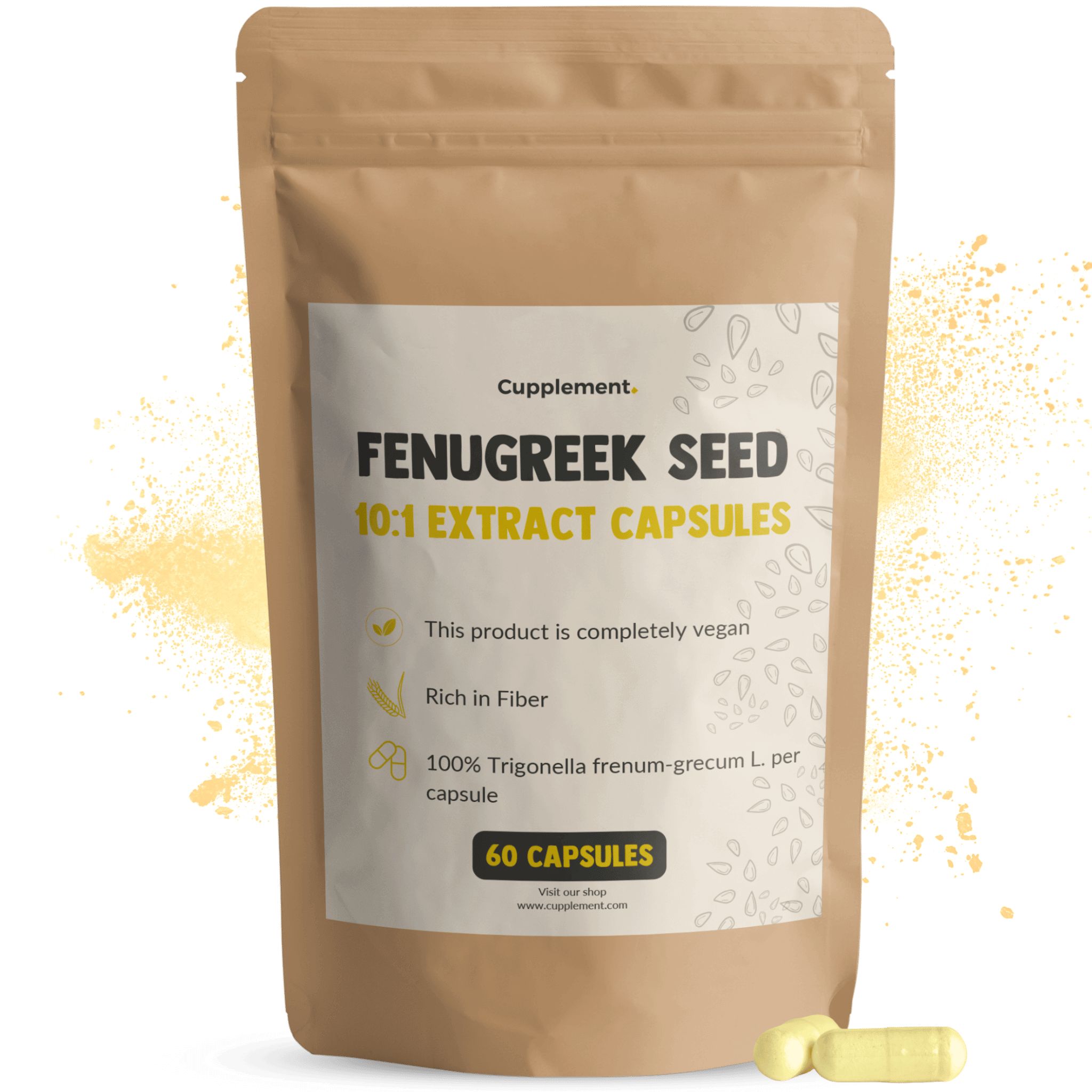 Sachet de gélules. Inscription: FENUGREEK SEED 10:1 EXTRACT CAPSULES. 60 gélules. Vegan.