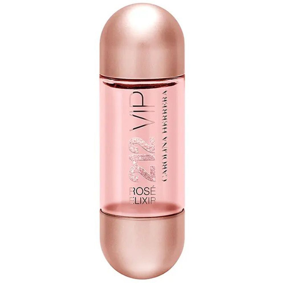 Flacon rose. Inscription: VIP 212 Rosé Elixir. Marque: Carolina Herrera. Flacon de forme arrondie.