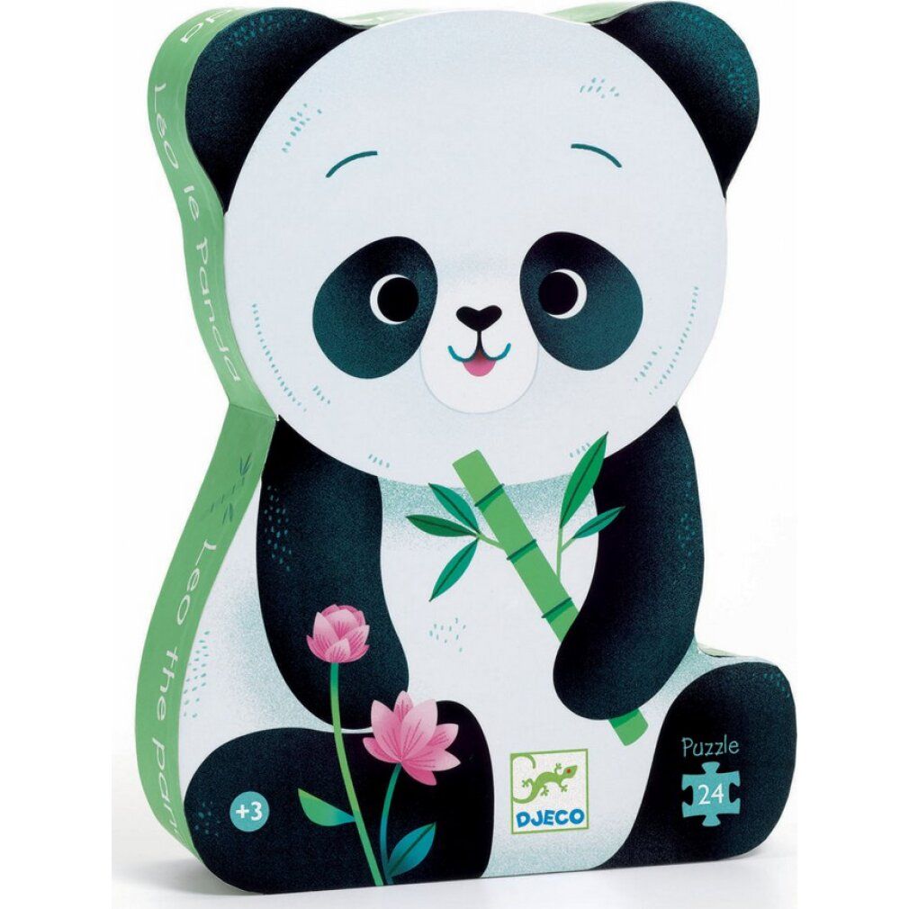 Puzzle Panda en forme de panda. Emballage avec illustration de panda, bambou et fleur. Logo DJECO et 24 pièces.