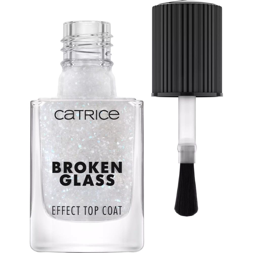 Top coat Catrice effet verre brisé avec pinceau. Nom du produit et marque visibles.