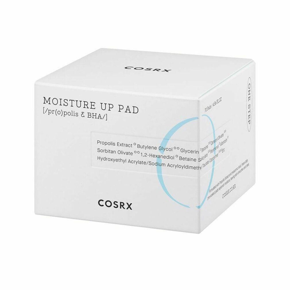 Witte productverpakking met 'MOISTURE UP PAD' en ingrediëntenlijst. COSRX.