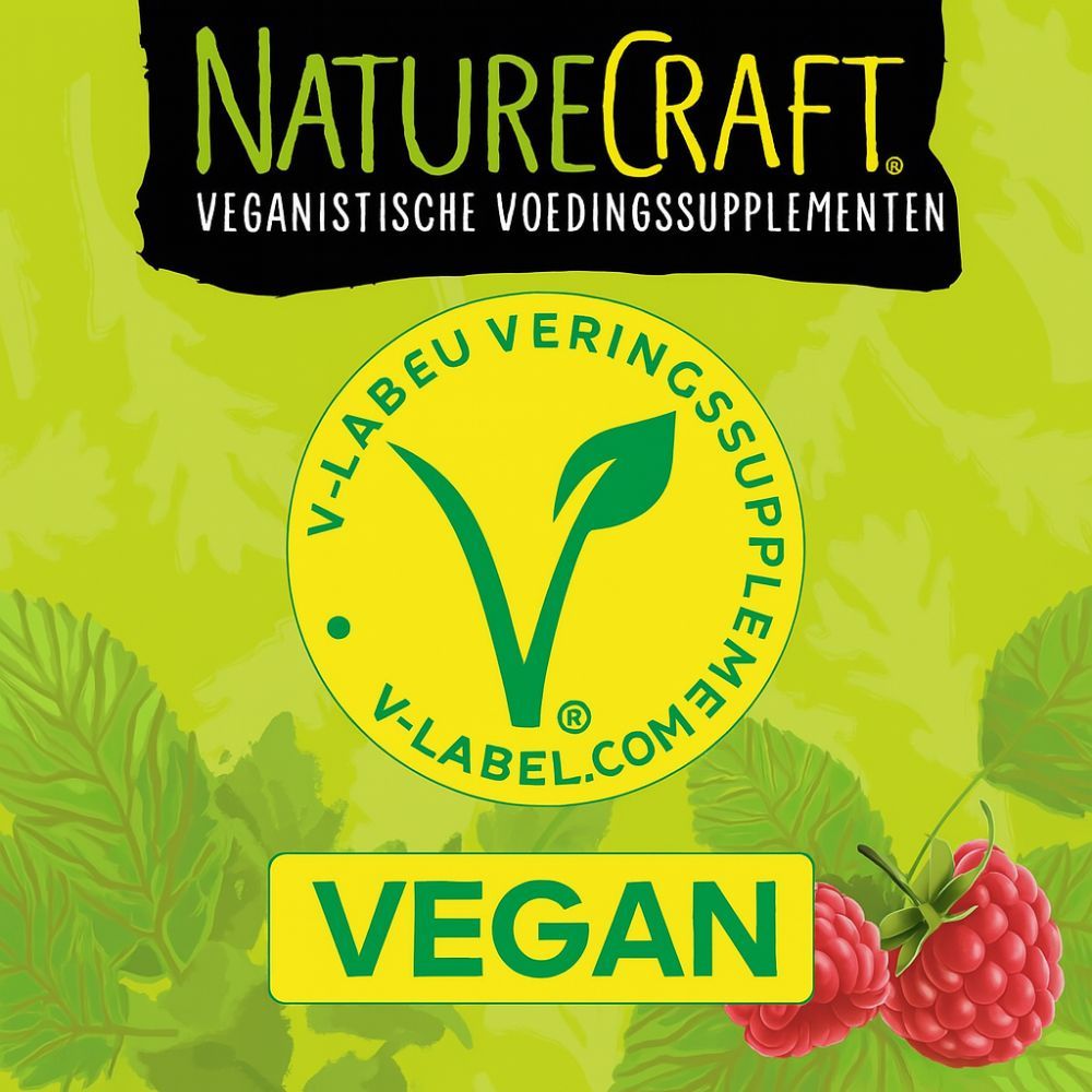 Logo van NatureCraft. Tekst: Veganistische voedingssupplementen. V-Label Vegan. Frambozen.