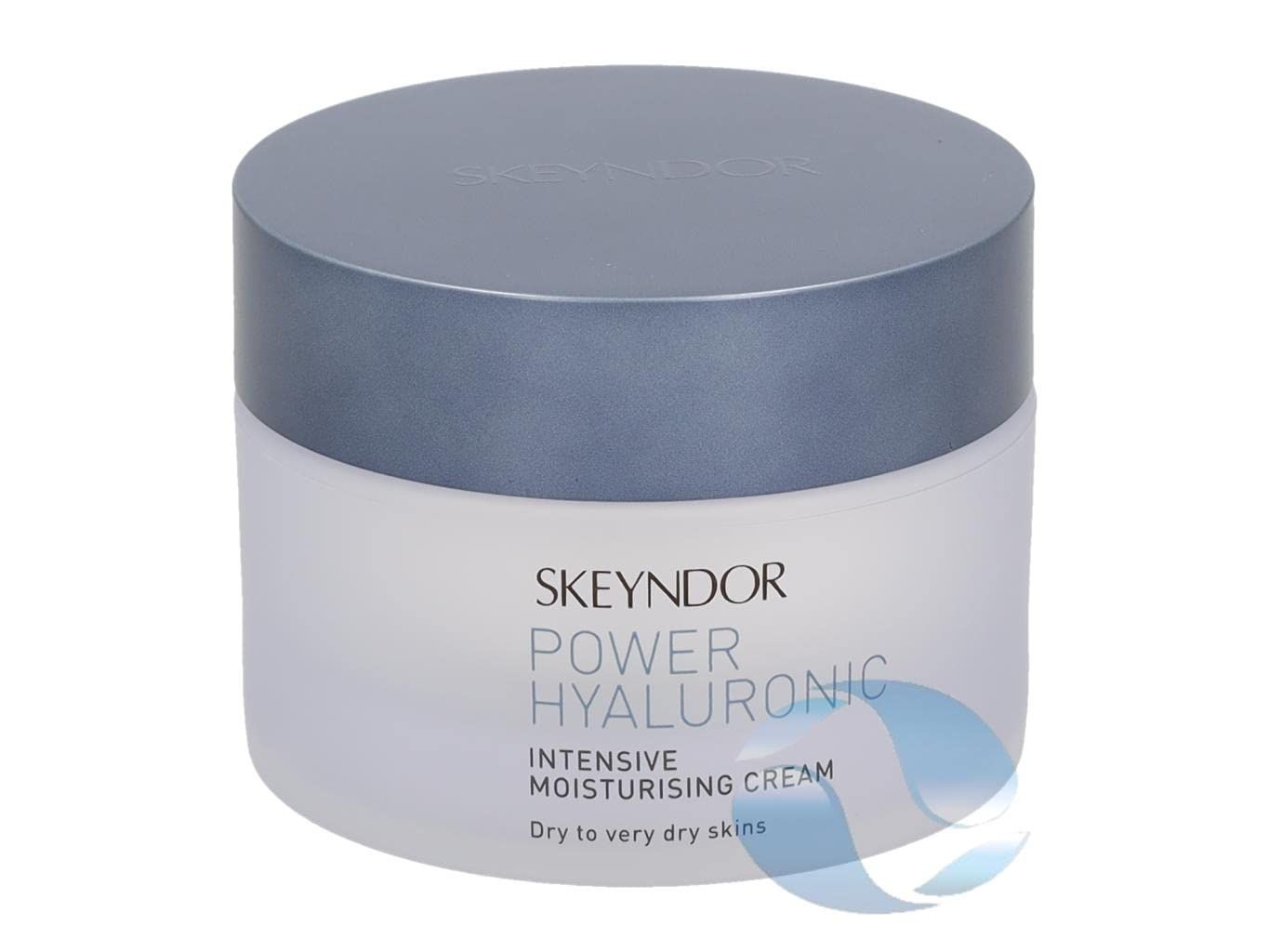 Crèmepot met blauw deksel. Opschrift: SKEYNDOR POWER HYALURONIC, INTENSIVE MOISTURISING CREAM. Voor droge tot zeer droge huid.