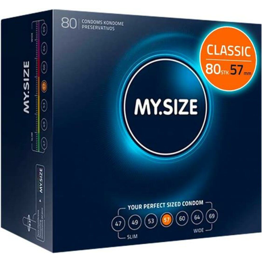 Donkerblauwe verpakking met "MY.SIZE PRO" logo. Bevat 80 condooms. Maten van 47 tot 69 mm. Opschrift "CLASSIC 80 stk 57 mm". 