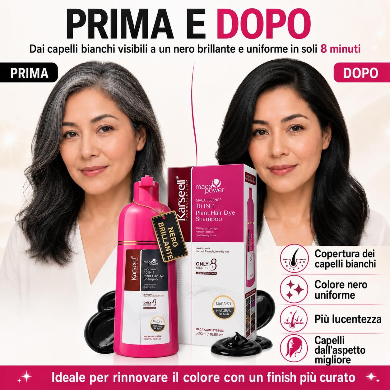 KARSEELL Shampooing Colorant Noir – Couverture rapide des Cheveux Blancs