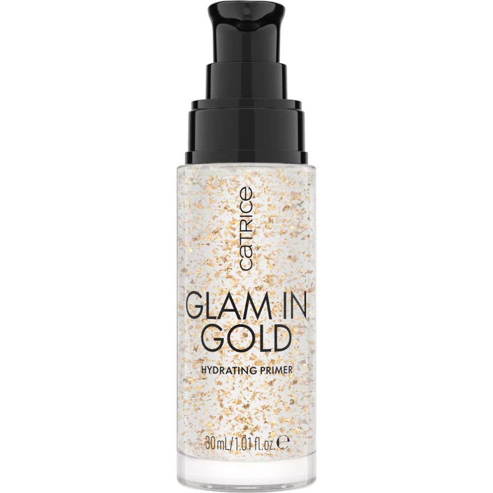 Catrice Glam In Gold Hydrating Primer. Flacon avec pompe noire et contenu transparent avec particules dorées. Inscription.