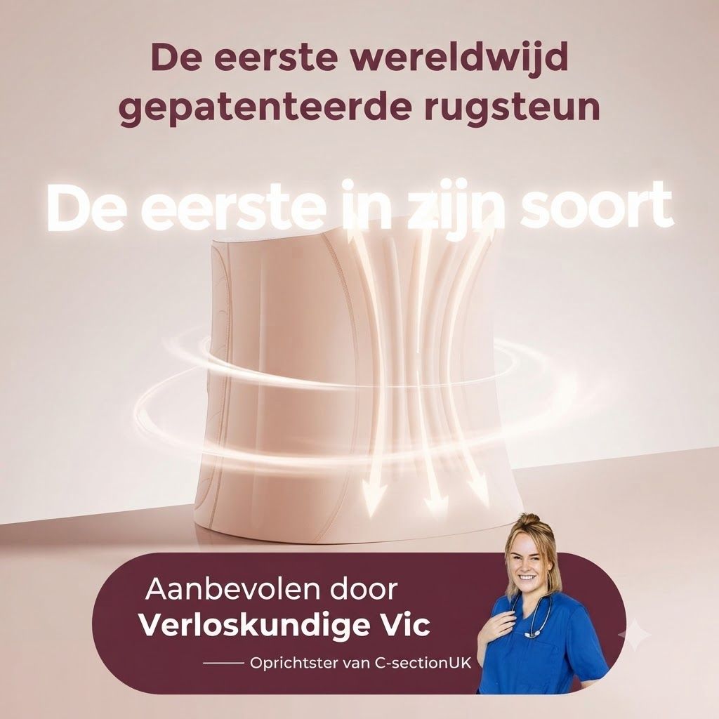 Beige rugsteun met pijlen die ondersteuning symboliseren. Aanbevolen door een verloskundige.