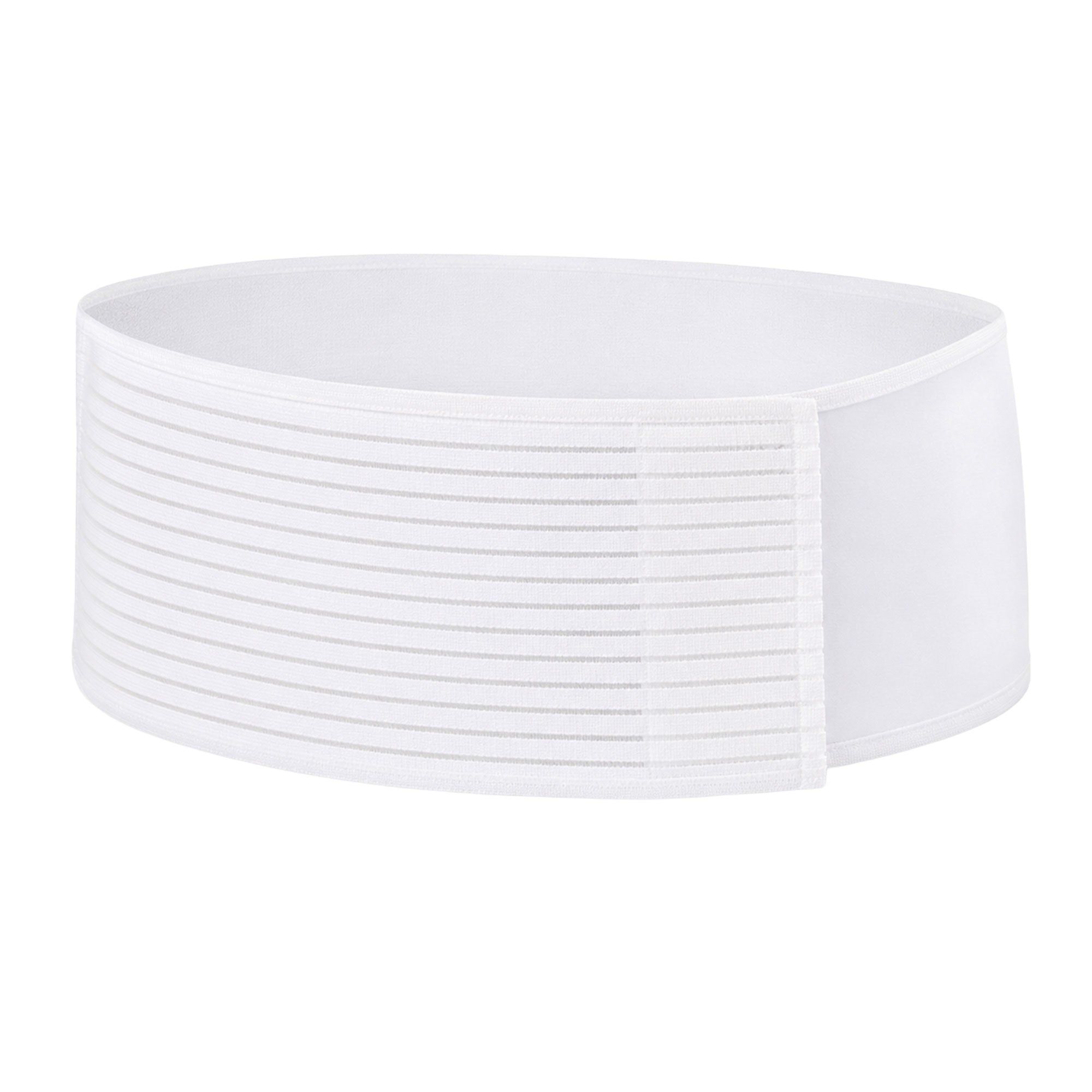 Witte buikband met horizontale strepen en klittenbandsluiting.