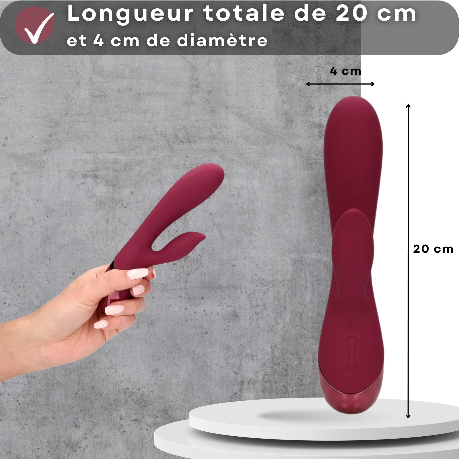 Vibrateur rouge en silicone. Dimensions: 20cm long, 4cm diamètre.