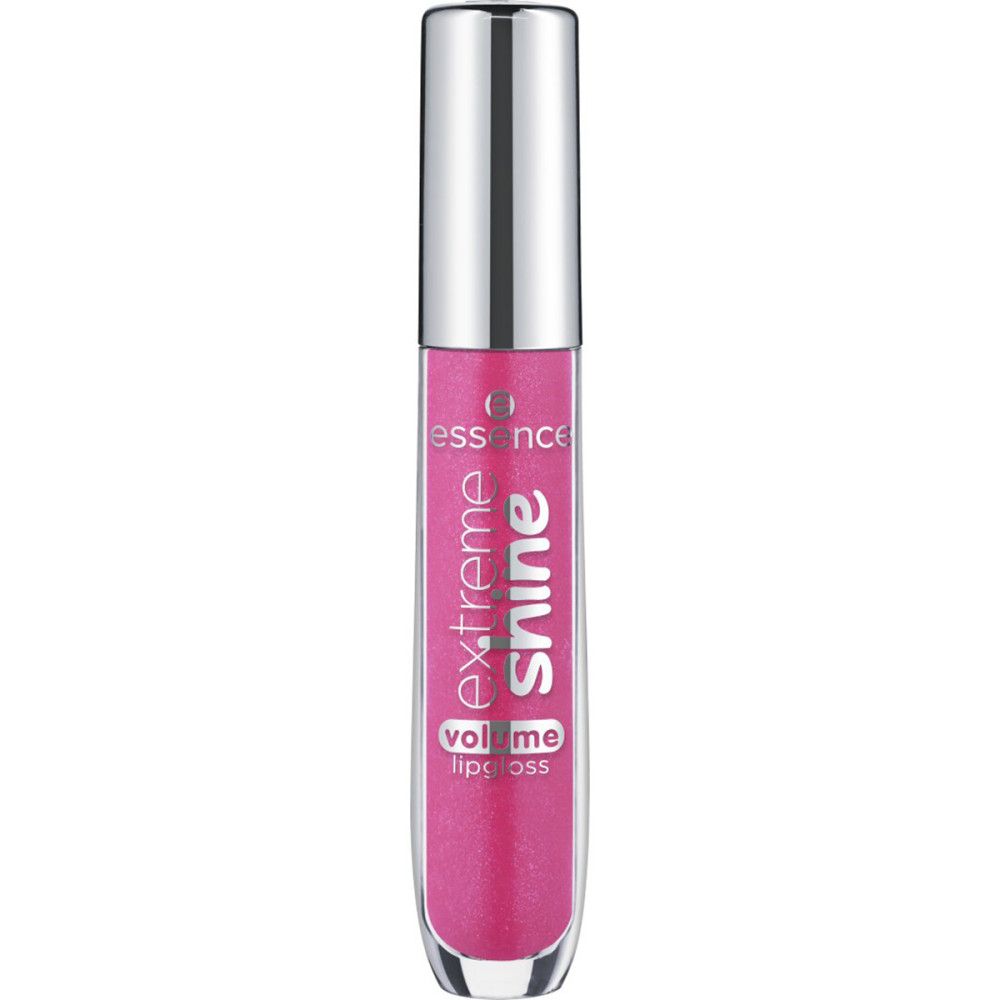 Lipgloss met zilveren dop. Roze vloeistof zichtbaar. Opschrift "extreme shine volume lip gloss".