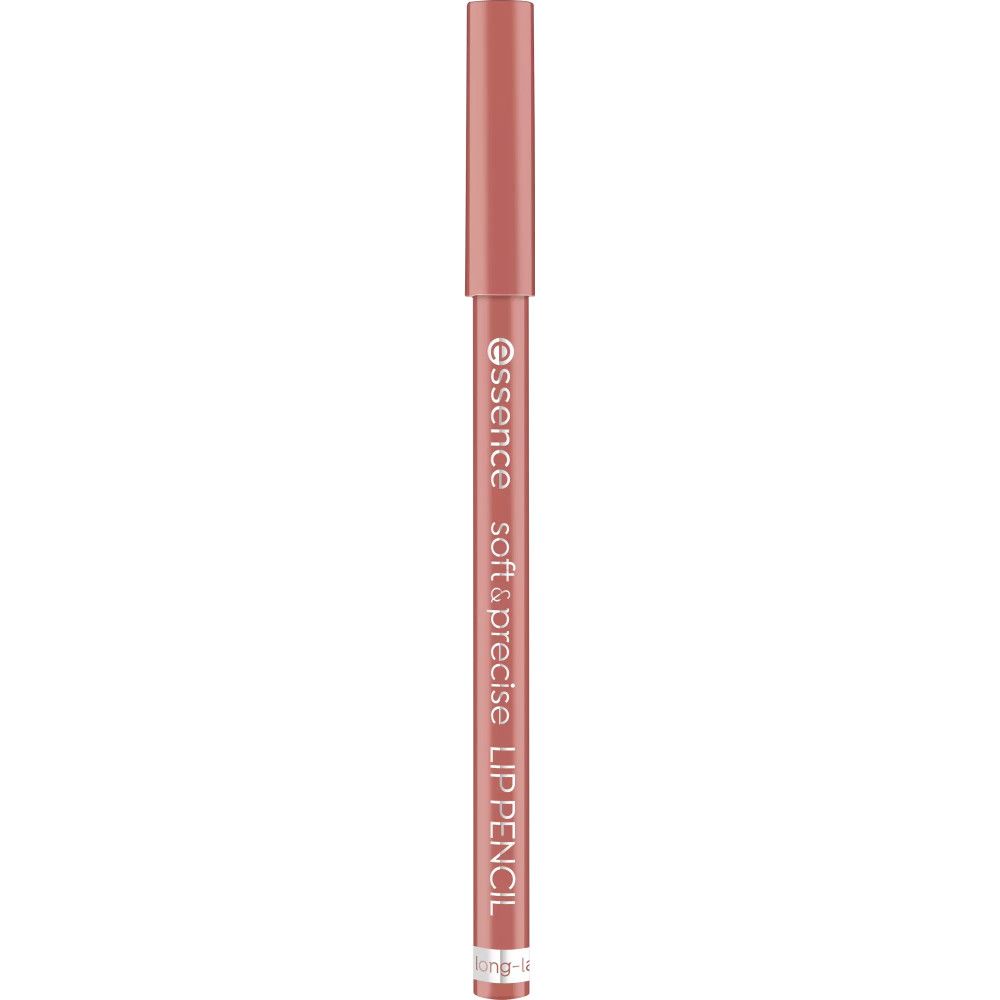 Roze lippotlood met punt. Opschrift: Essence, Soft & Precise, LIP PENCIL.