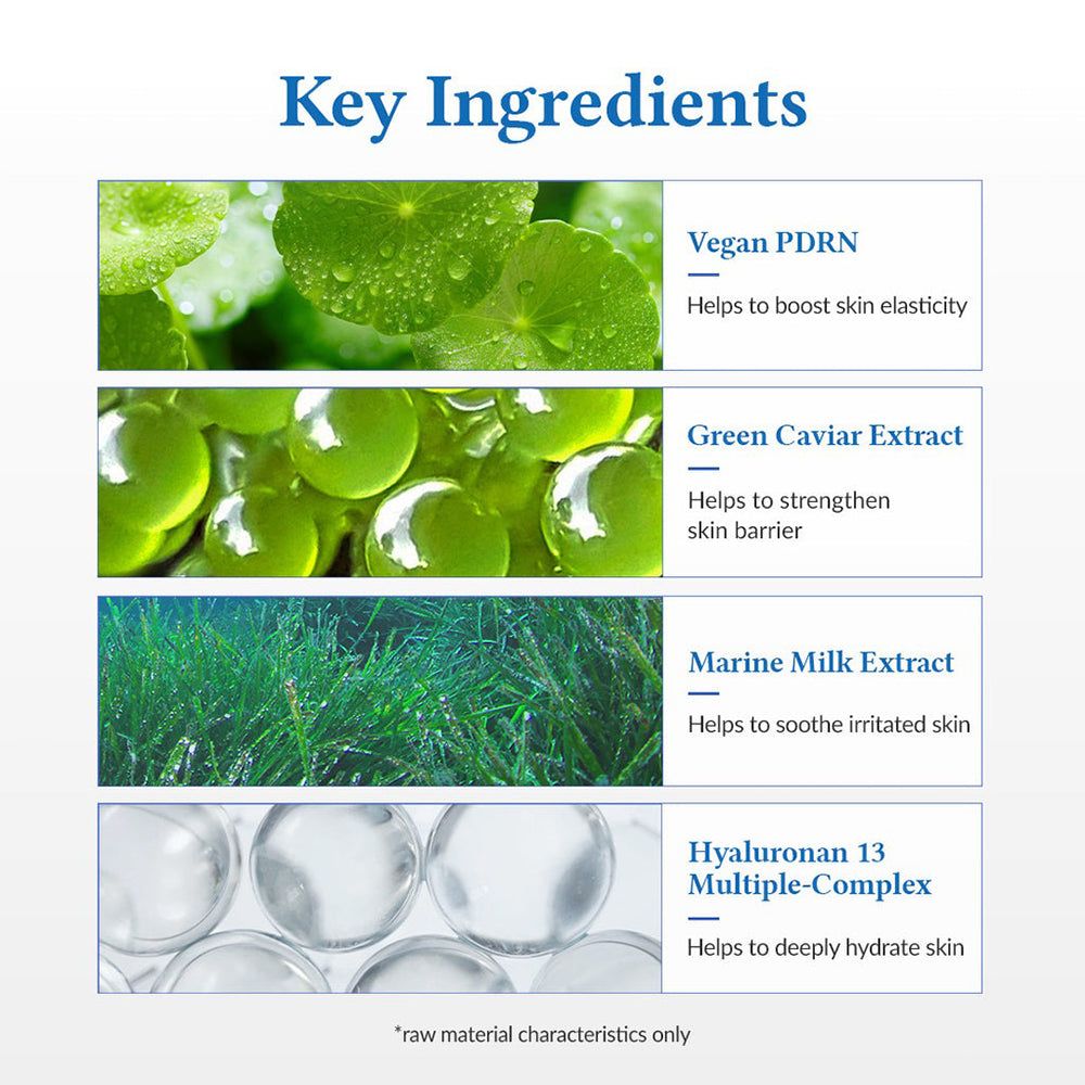 Aperçu des ingrédients clés avec images : PDRN végétalien, caviar vert, lait marin, hyaluron.