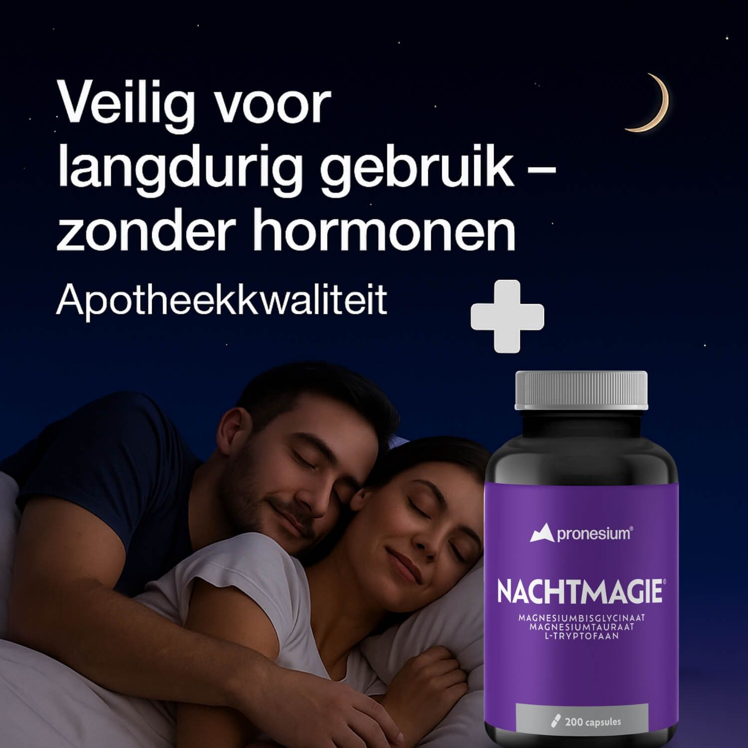 Drie cirkels met symbolen: hersenen, hart, maan. Tekst: Magnesiumbisglycinaat, Magnesiumtauraat, L-Tryptofaan. Nachtachtergrond.