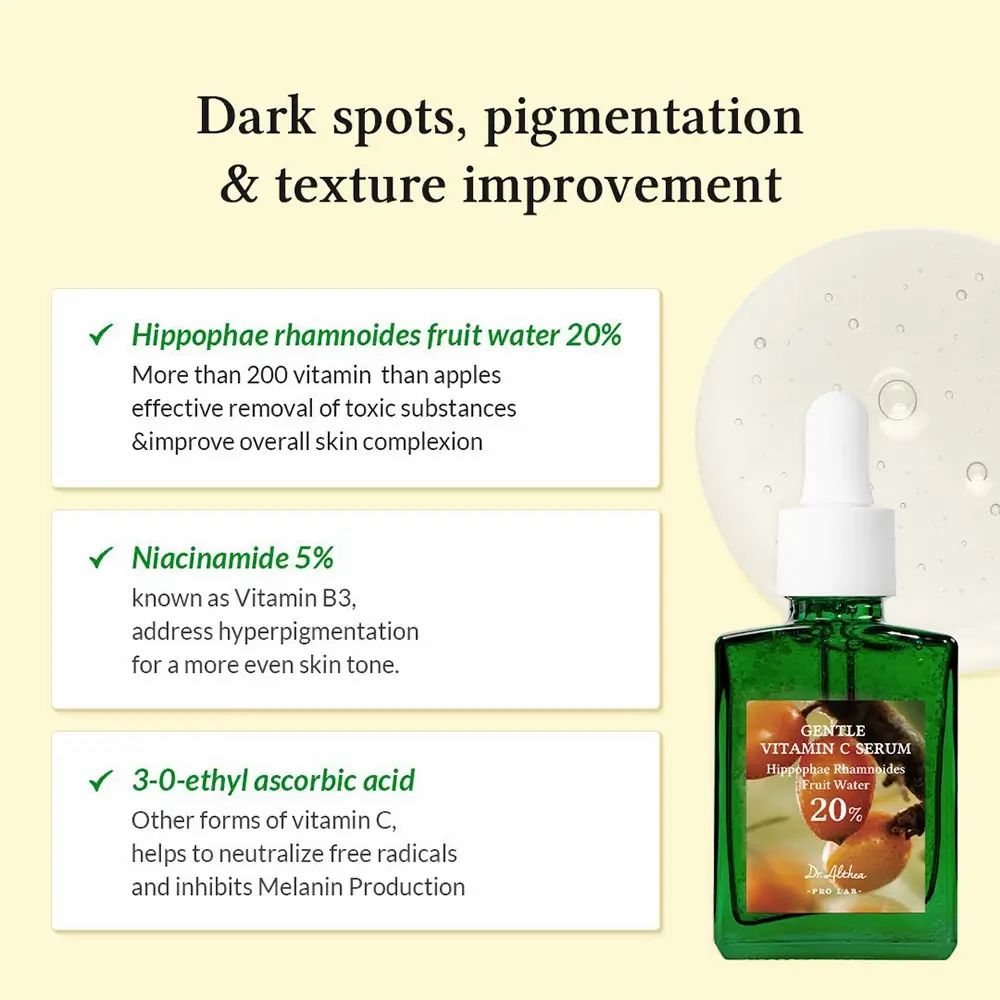 Texte avec ingrédients : Hippophae rhamnoides fruit water 20%, Niacinamide 5%, 3-0-ethyl ascorbic acid. Flacon et goutte de sérum.