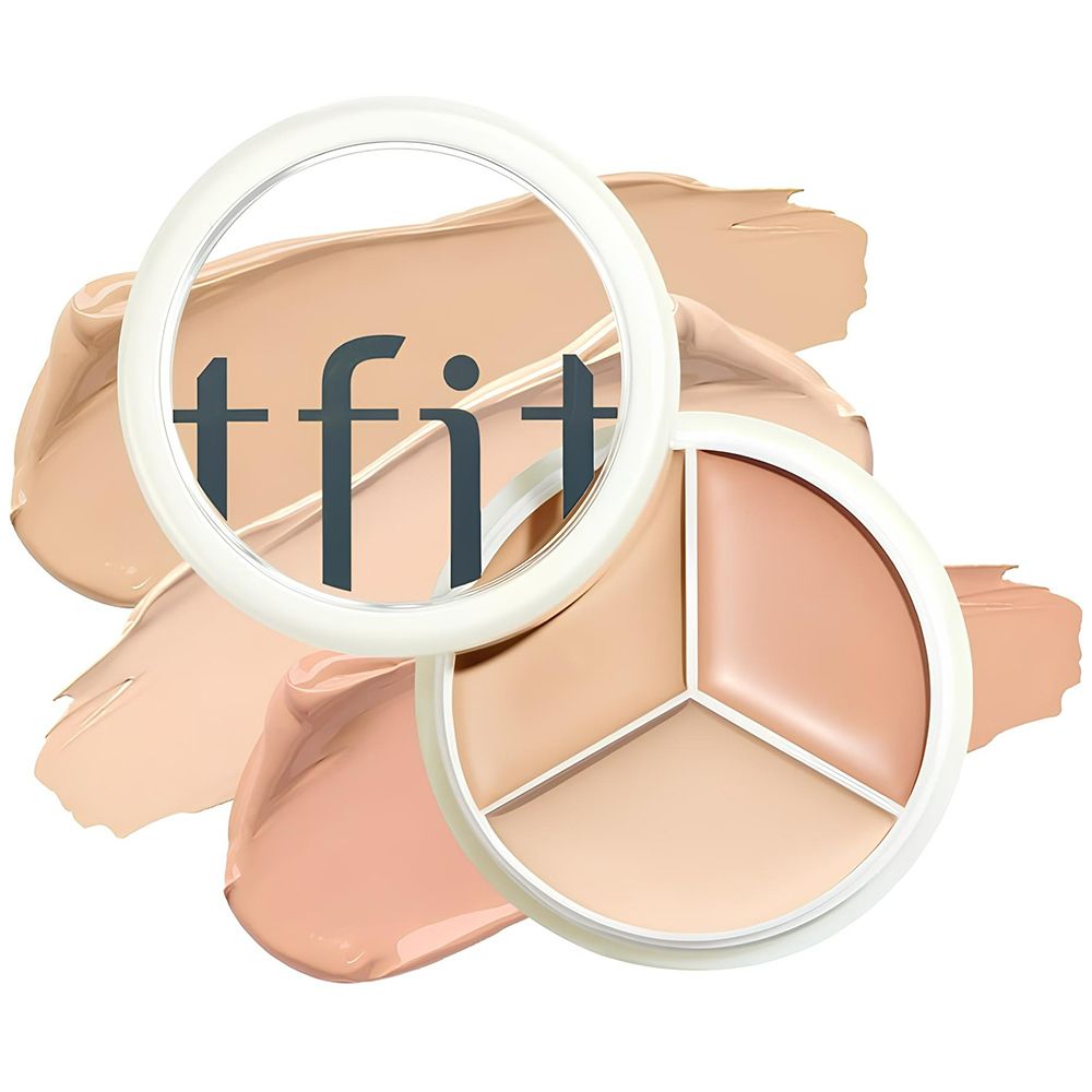 Ronde concealer-palet met drie tinten en kleurstalen. Witte houder met logo. Tekst: tfit.