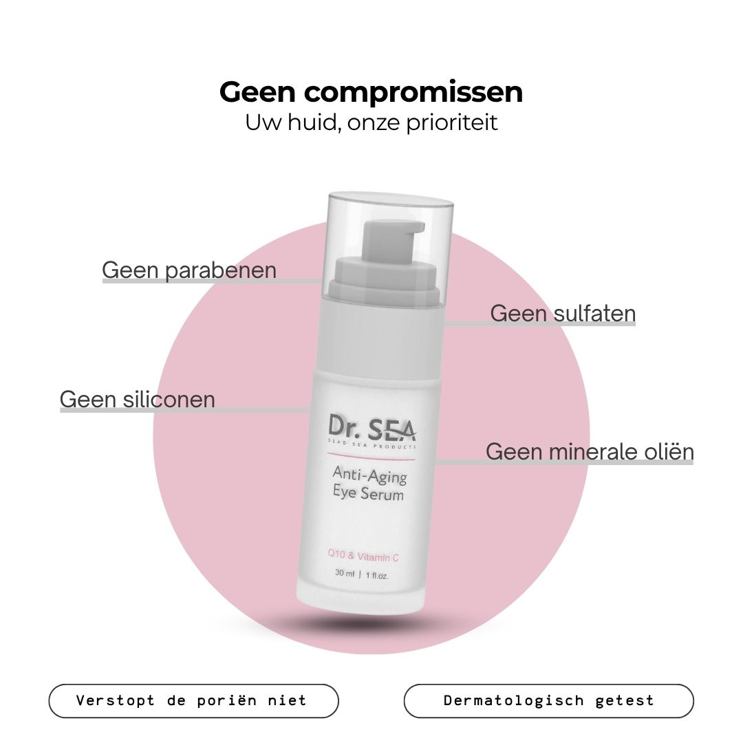Oogserumfles met tekst. Tekst: Dr. SEA, Anti-Aging Eye Serum, Q10 & Vitamine C. Zonder: Parabenen, Sulfaten, Siliconen, Minerale oliën.