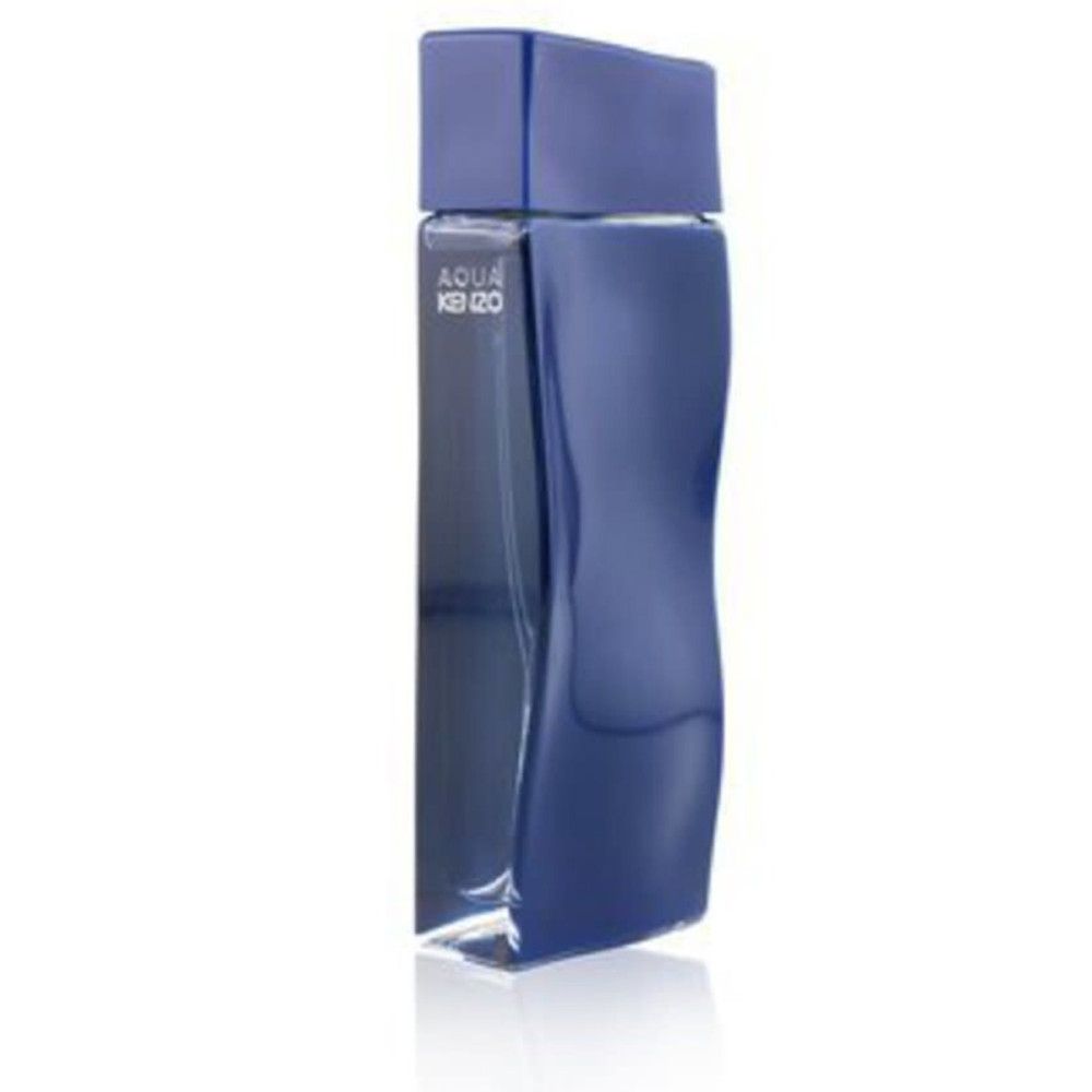 Flacon bleu Kenzo Aqua Pour Homme Eau De Toilette Spray. Flacon aux bords arrondis et bouchon carré.
