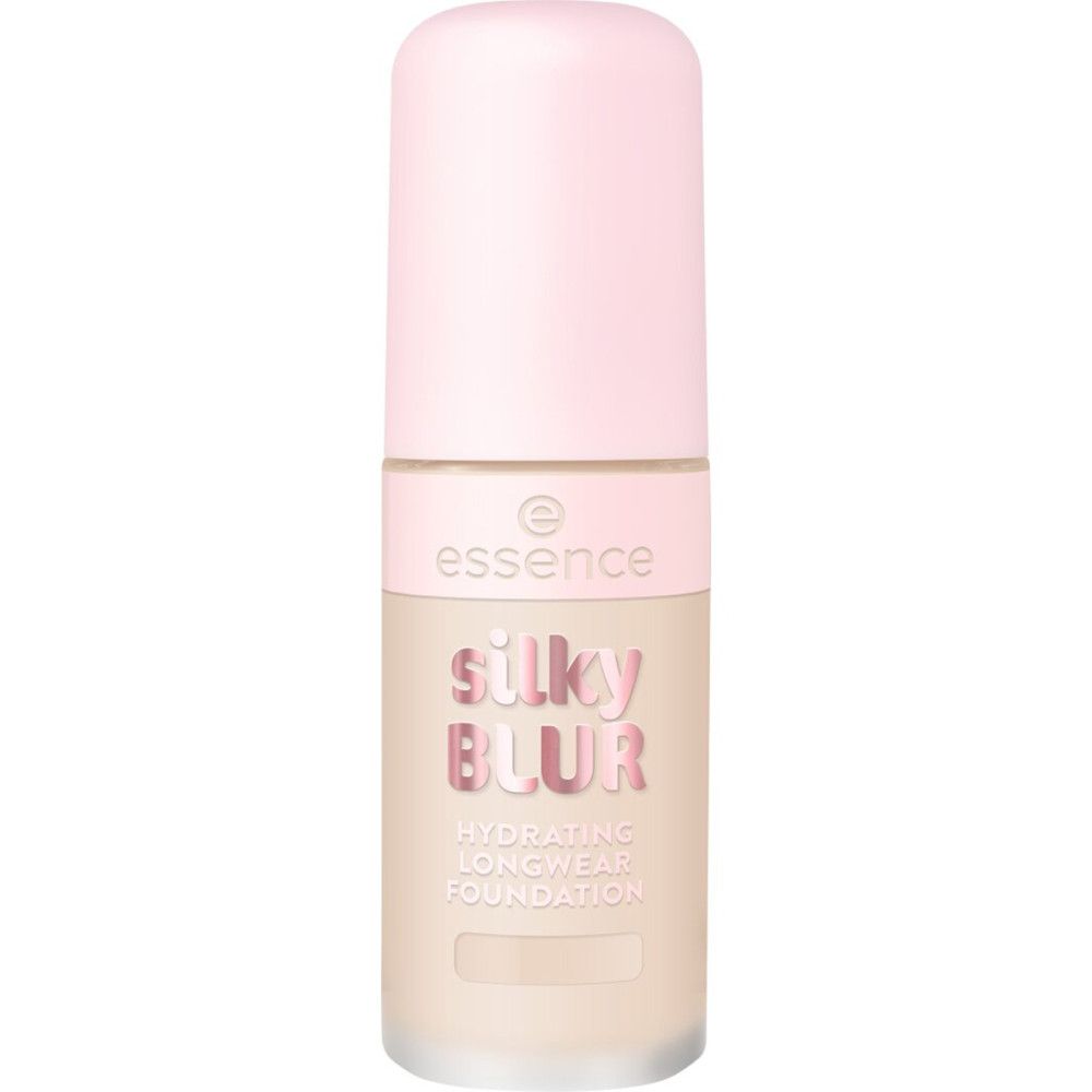 Foundationflesje met roze dop. Opschrift: Silky Blur, Hydrating Longwear Foundation. Merk: essence.
