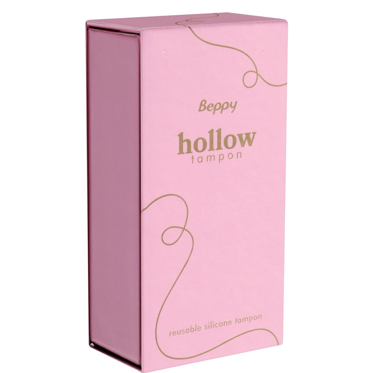 Roze verpakking met productnaam Beppy hollow tampon. Opschrift: reusable silicone tampon. Goudkleurige decoratieve lijnen.