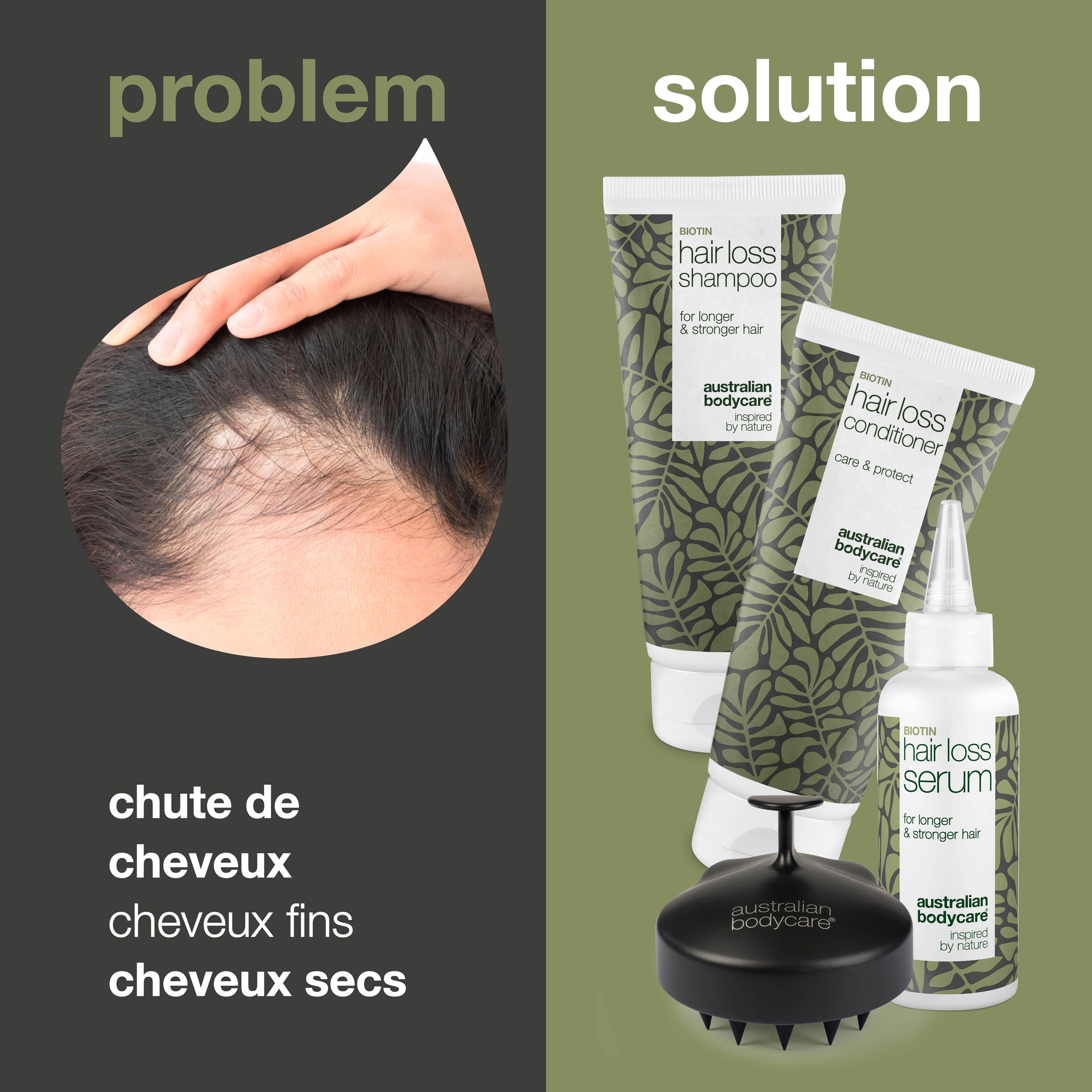 Kit anti-chute de cheveux avec shampooing, revitalisant, sérum et brosse pour le cuir chevelu. Problème : chute de cheveux.