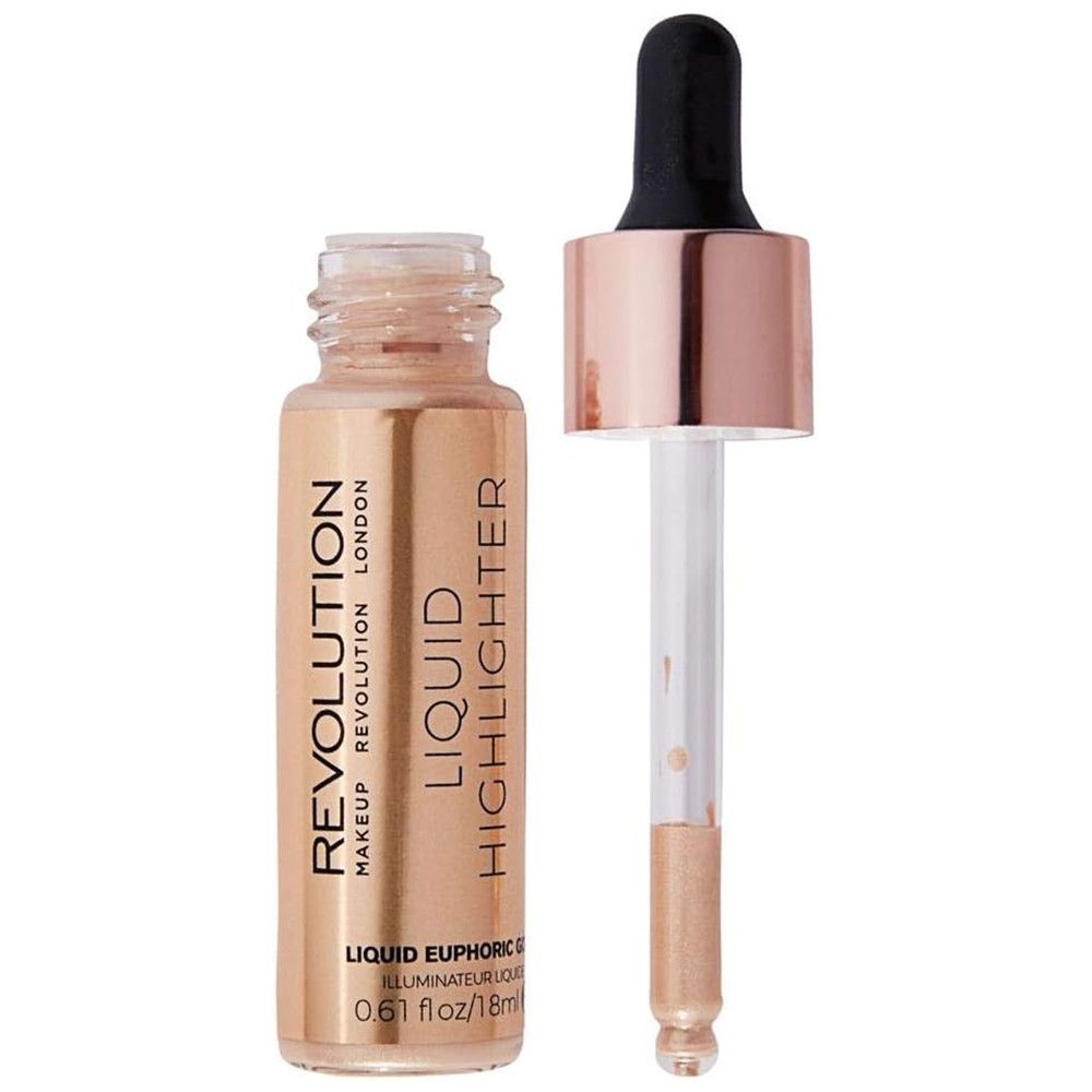 Vloeibare highlighter in glazen fles met pipet. Roségouden dop en pipet. Productlabel met tekst.