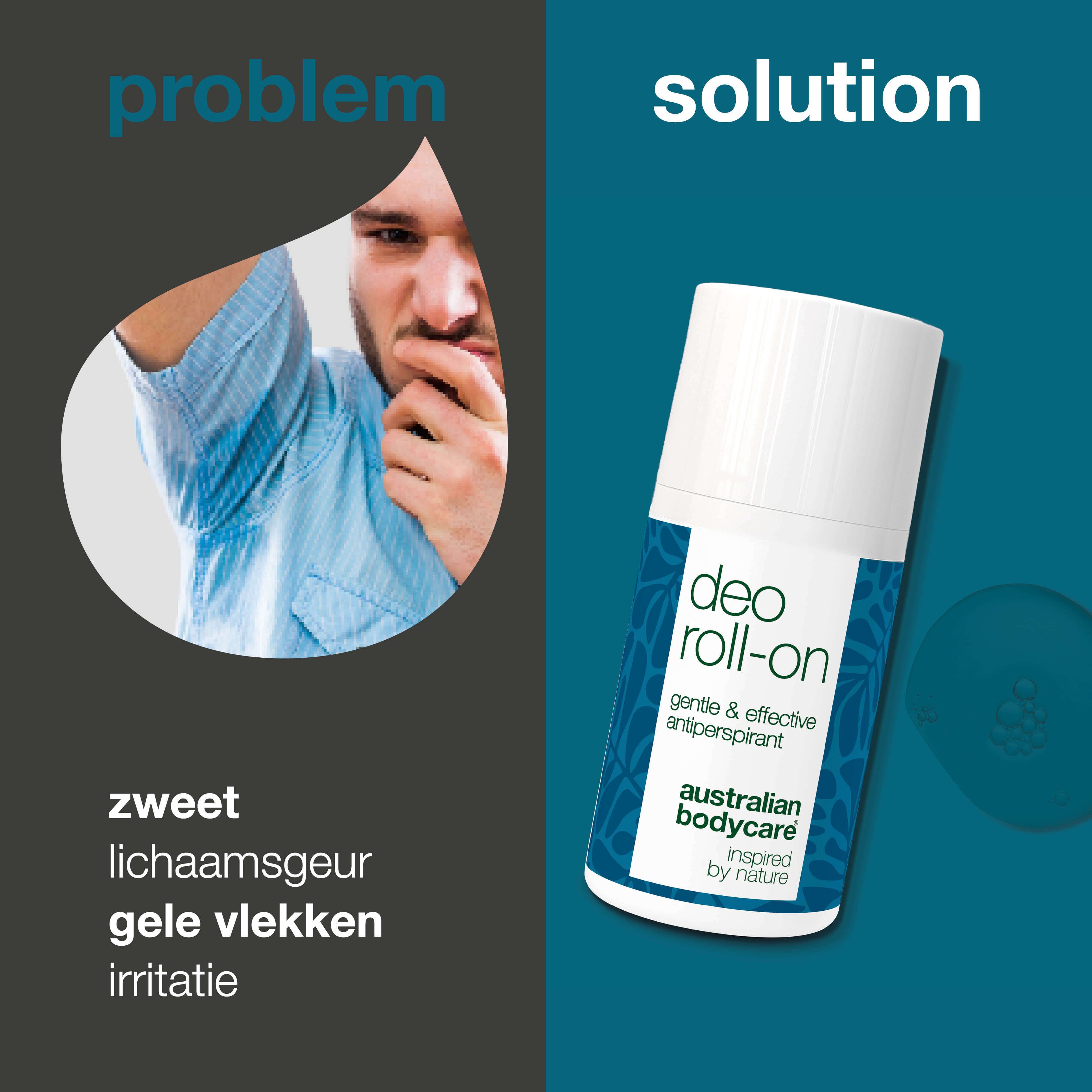 Man met okselzweet. Deo Roll-on. Tekst: gentle & effective antiperspirant. Australian Bodycare. Probleem/oplossing.