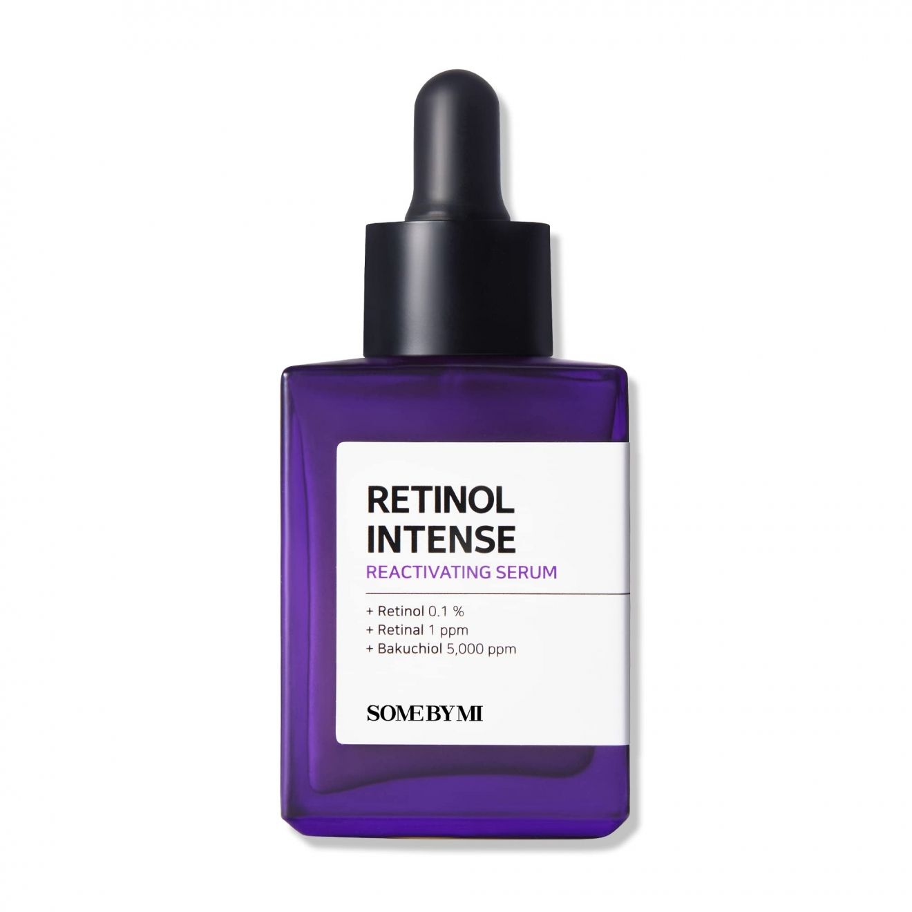 Flacon violet avec pipette noire. Inscription : Retinol Intense Reactivating Serum. Marque : SOMEBYMI.