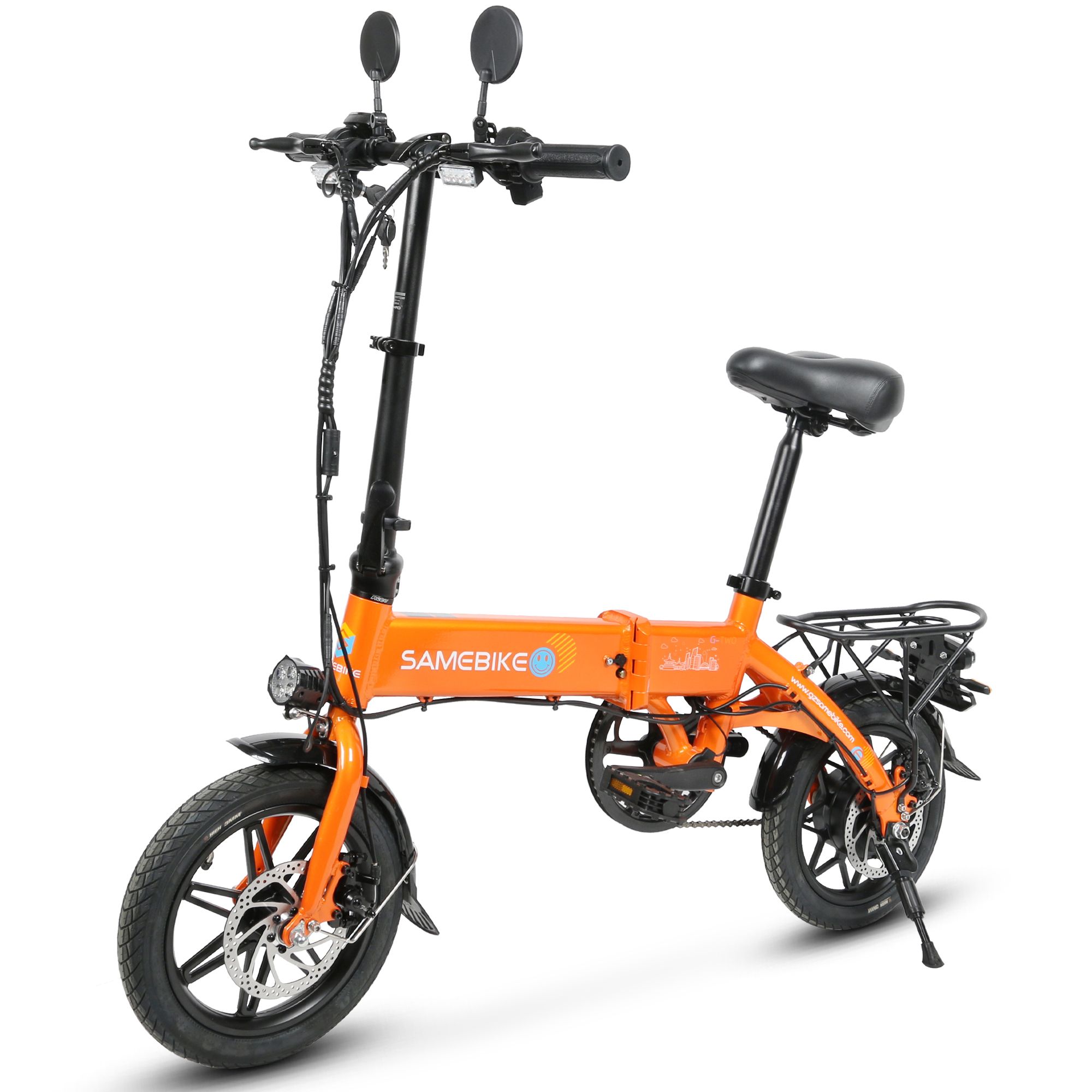 Vélo électrique pliable orange avec éléments noirs. Marque SAMEBIKE.
