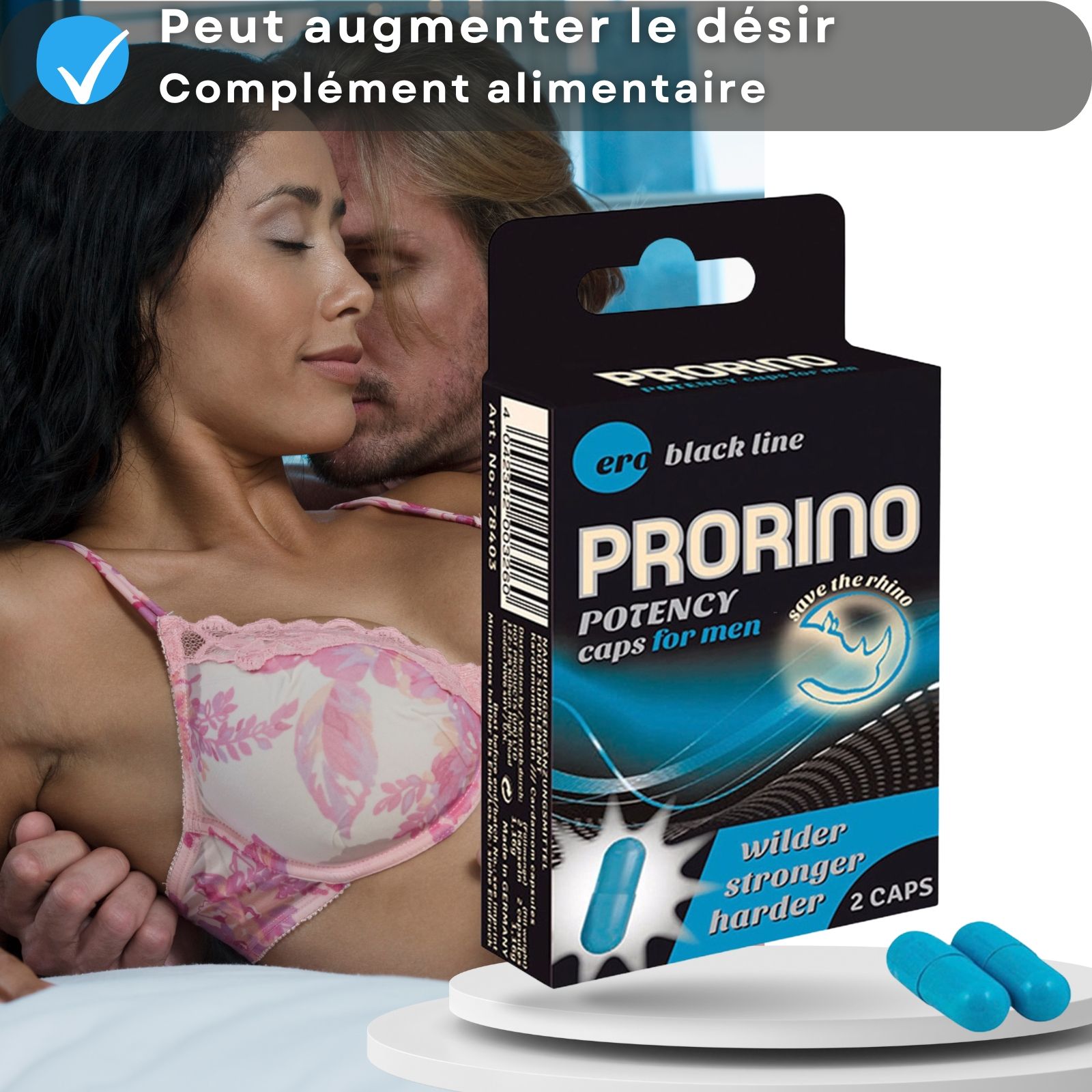 Emballage et capsules bleues. Texte: Prorino, Potency caps for men, 2 caps. Couple en arrière-plan.