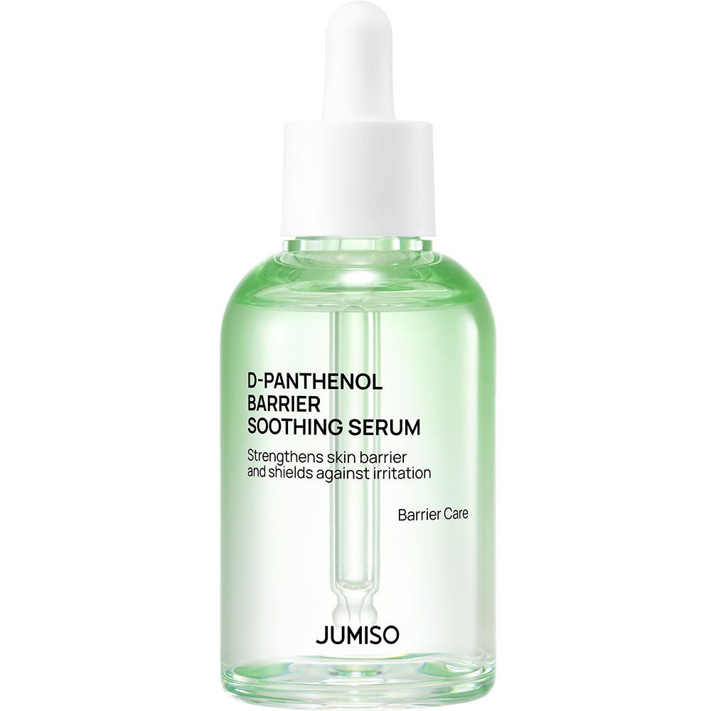 Flacon de sérum avec pipette. Texte: D-Panthenol Barrier Soothing Serum. Renforce la barrière cutanée et protège des irritations. Marque: JUMISO.