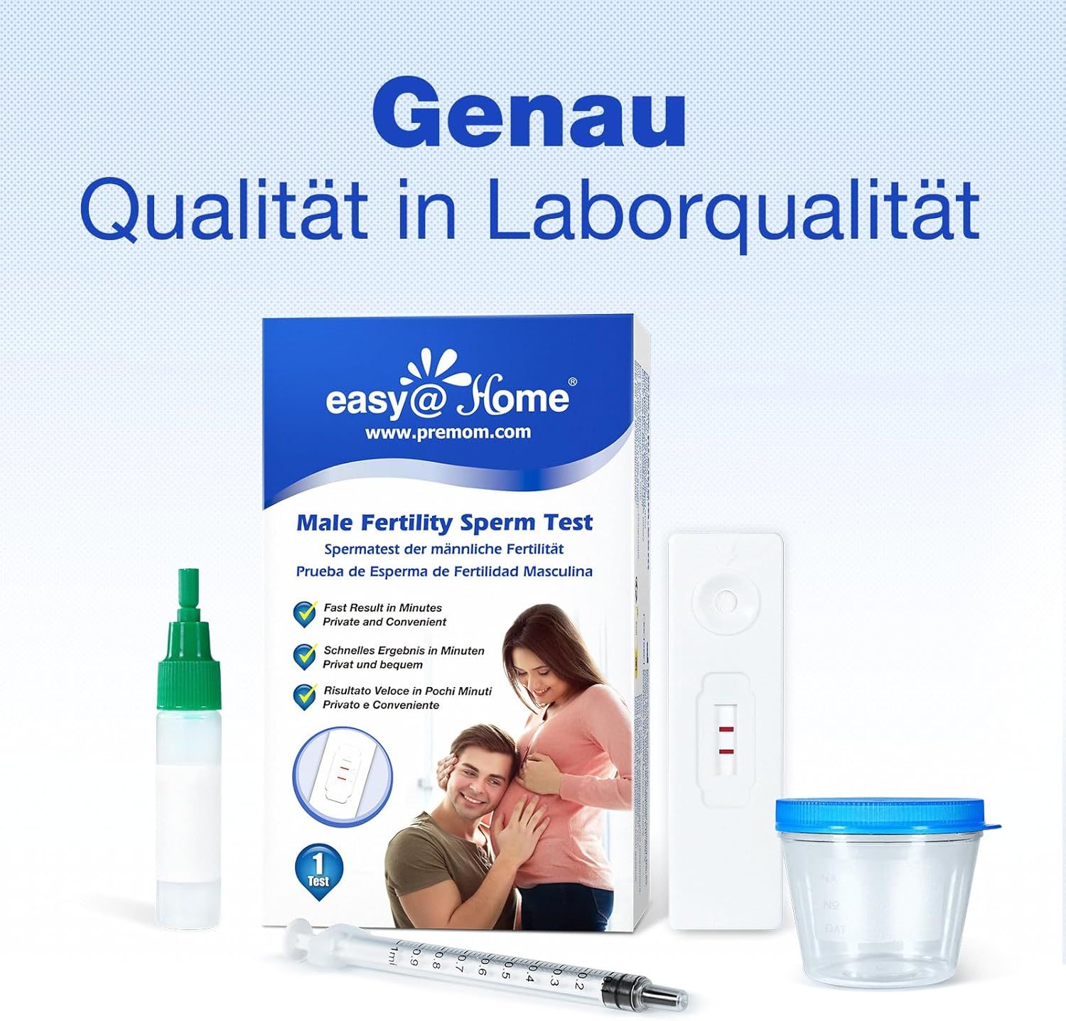 Productverpakking, teststrip, container, spuit. Tekst: easy@home, Male Fertility Sperm Test, Nauwkeurig, laboratoriumkwaliteit.