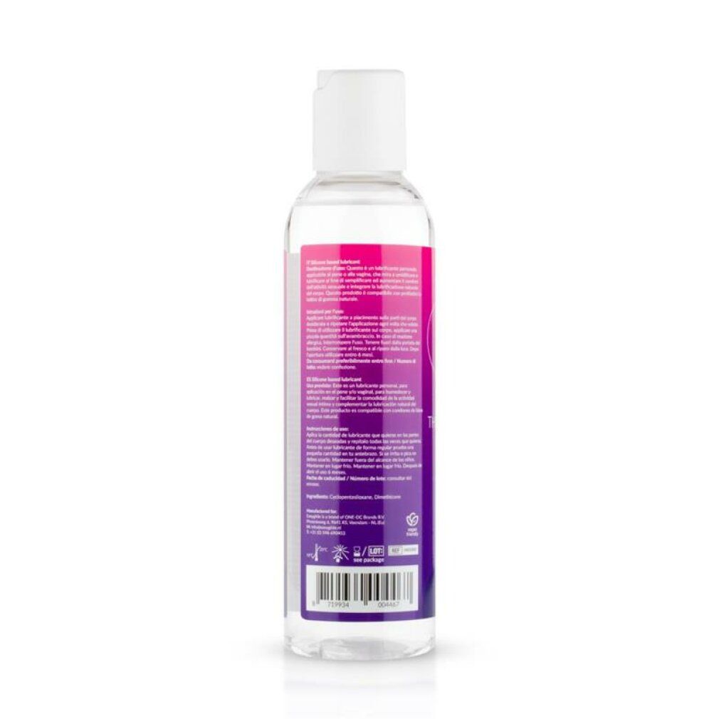 Transparante fles met witte dop. Etiket met logo en tekst. Opschrift: Thin Silicone Based Lubricant.