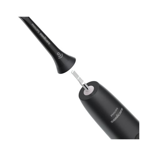 Tête et manche de brosse à dents Philips Sonicare. Pièces noires à connecter. Logo visible.
