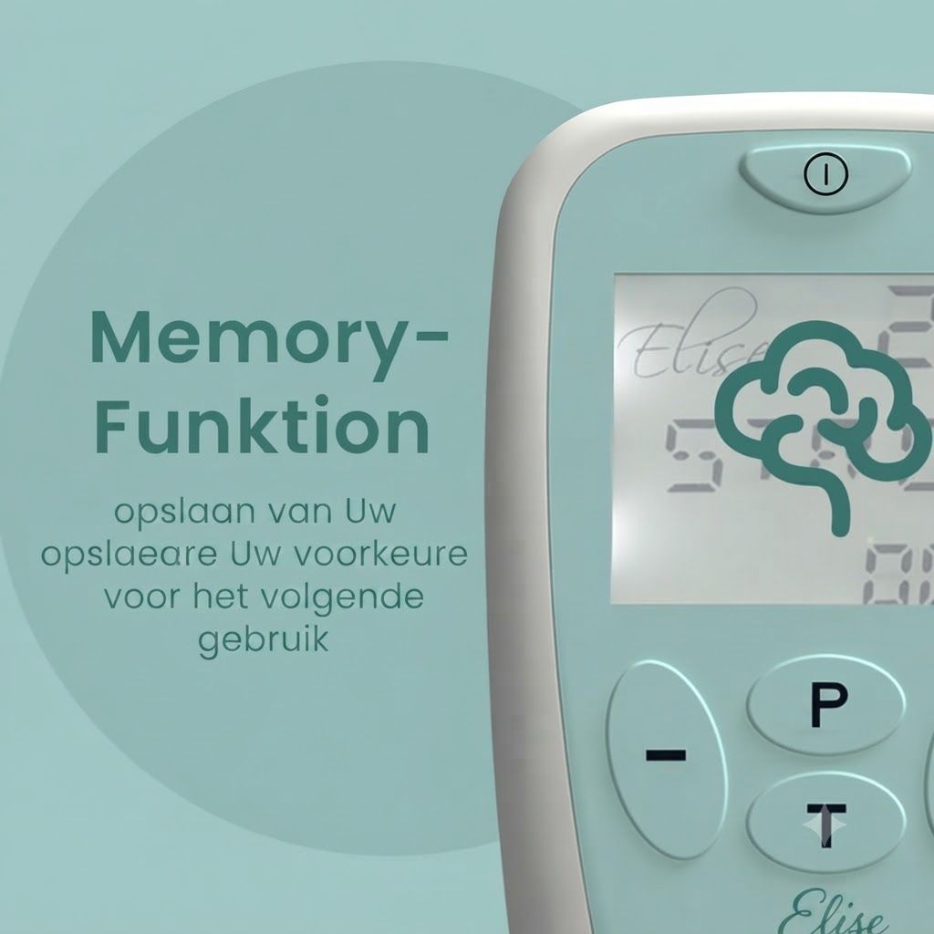 Een lichtblauw medisch apparaat met een digitaal scherm waarop een hersensymbool en cijfers worden weergegeven. Knoppen zijn gemarkeerd met '-', 'P', 'T'.