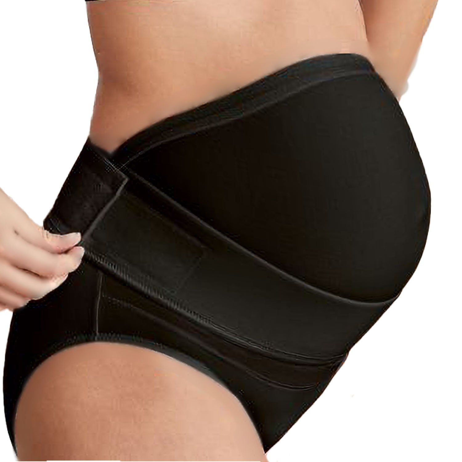 Bande abdominale noire, vue latérale. Fermeture velcro. Femme enceinte.