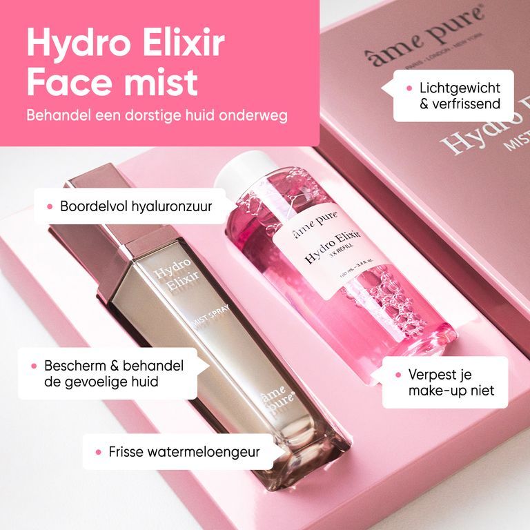 Âme pure Hydro Elixir Face Mist: spray en navulling met productkenmerken.